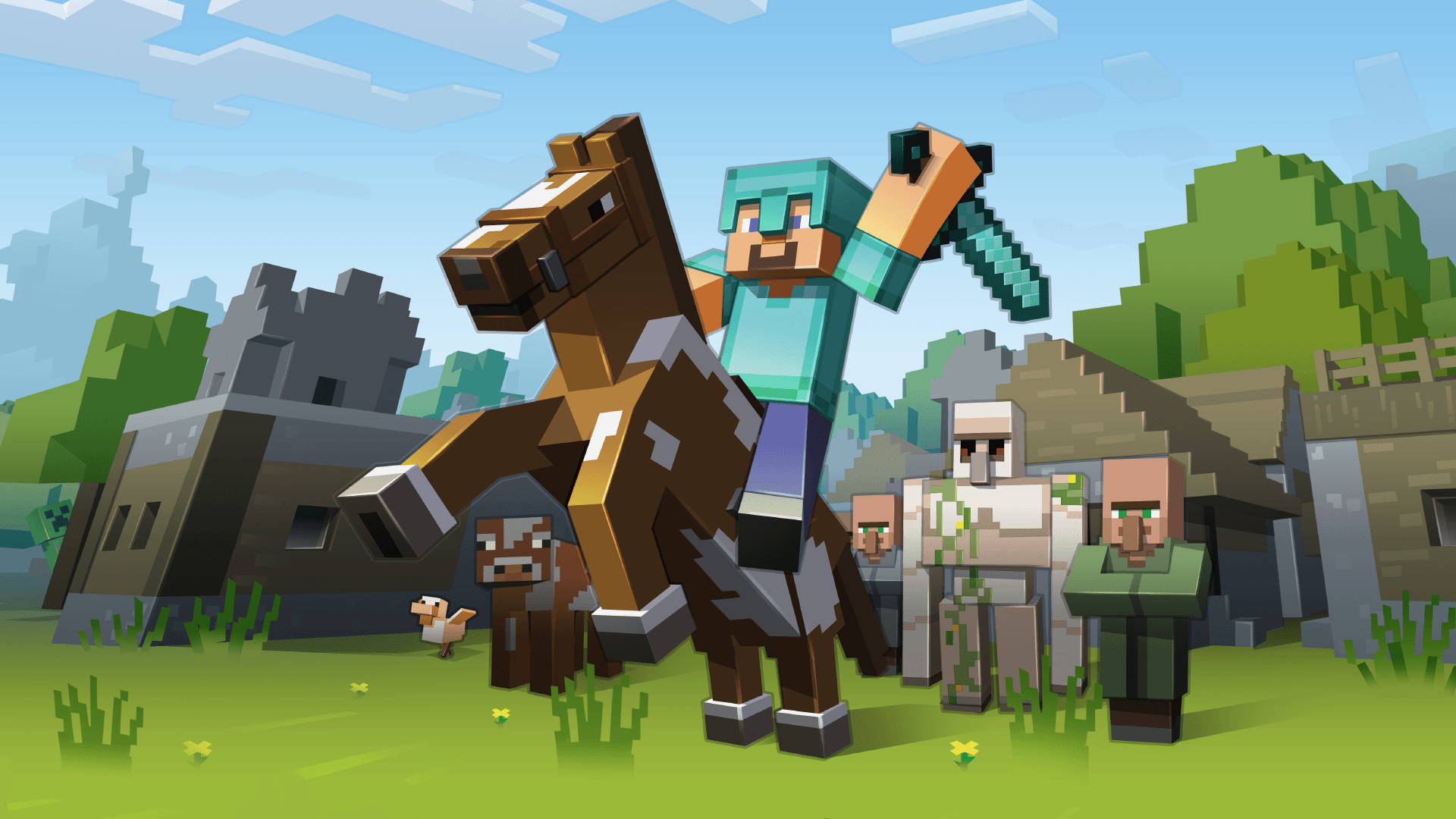 Minecraft 玩家騎馬，草地有村民和城堡 — 我的世界 壁紙