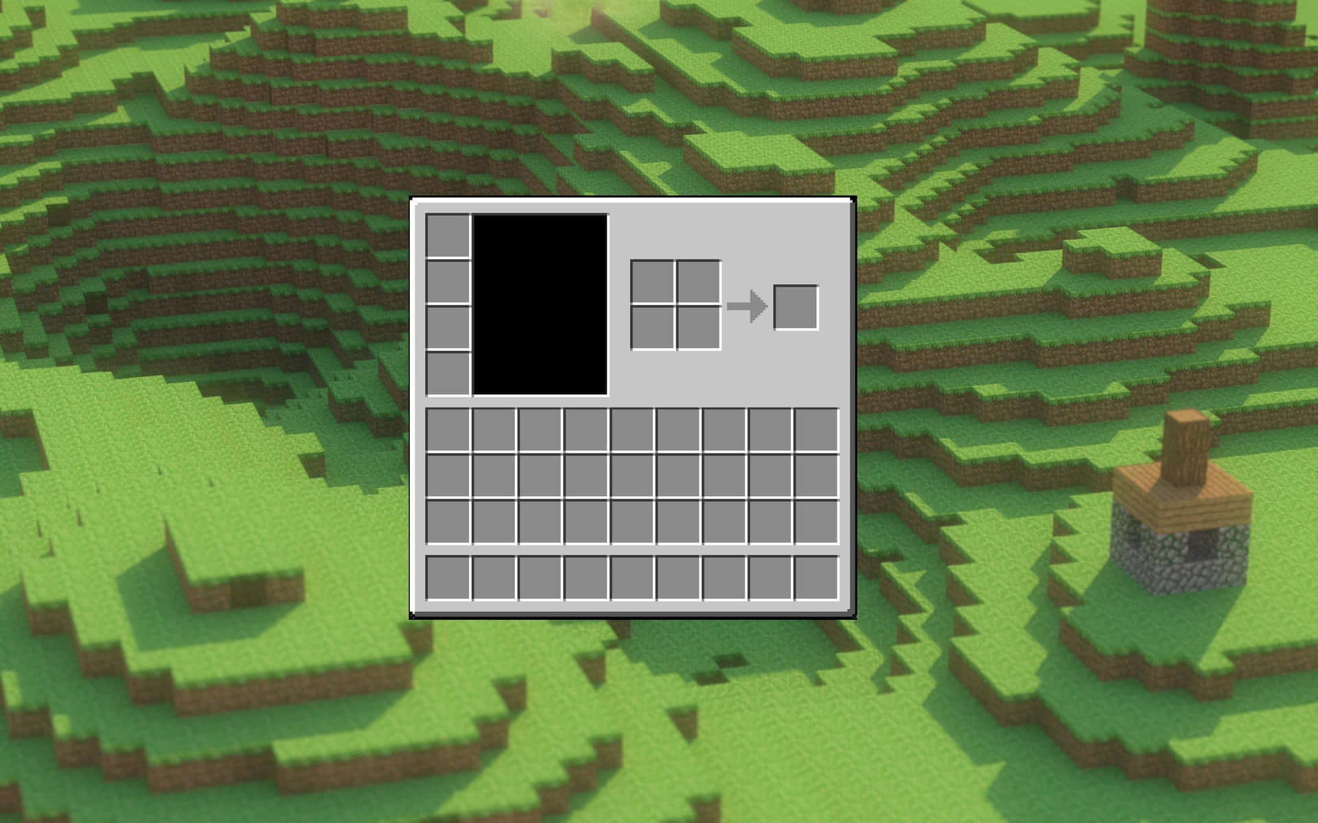 Minecraft 物品欄疊加在方塊狀的草地景觀上，附有一座石屋。 — 我的世界 鑽石 壁紙