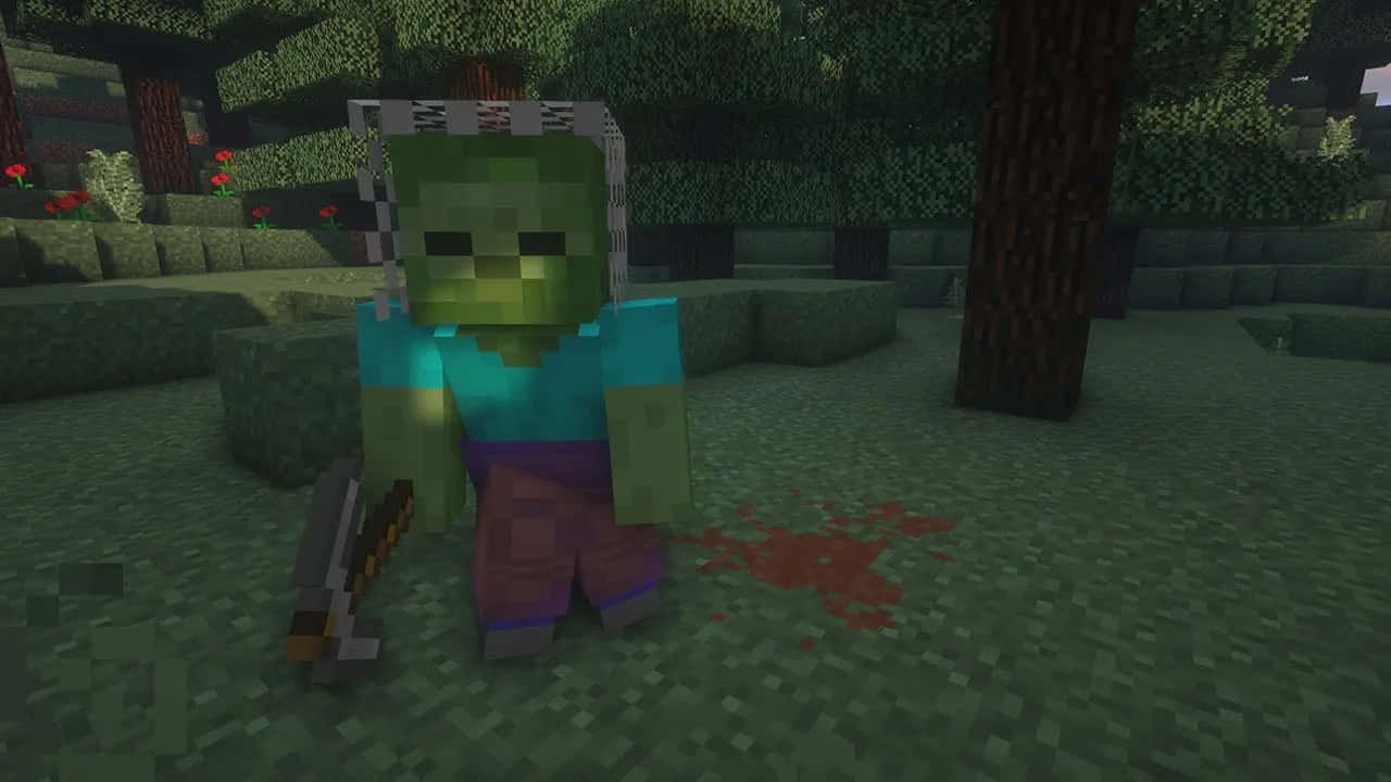 Minecraft Zombie 桌布 壁紙 — Minecraft 中一個像素化的綠色殭屍站在森林裡，手持劍，地上有血。