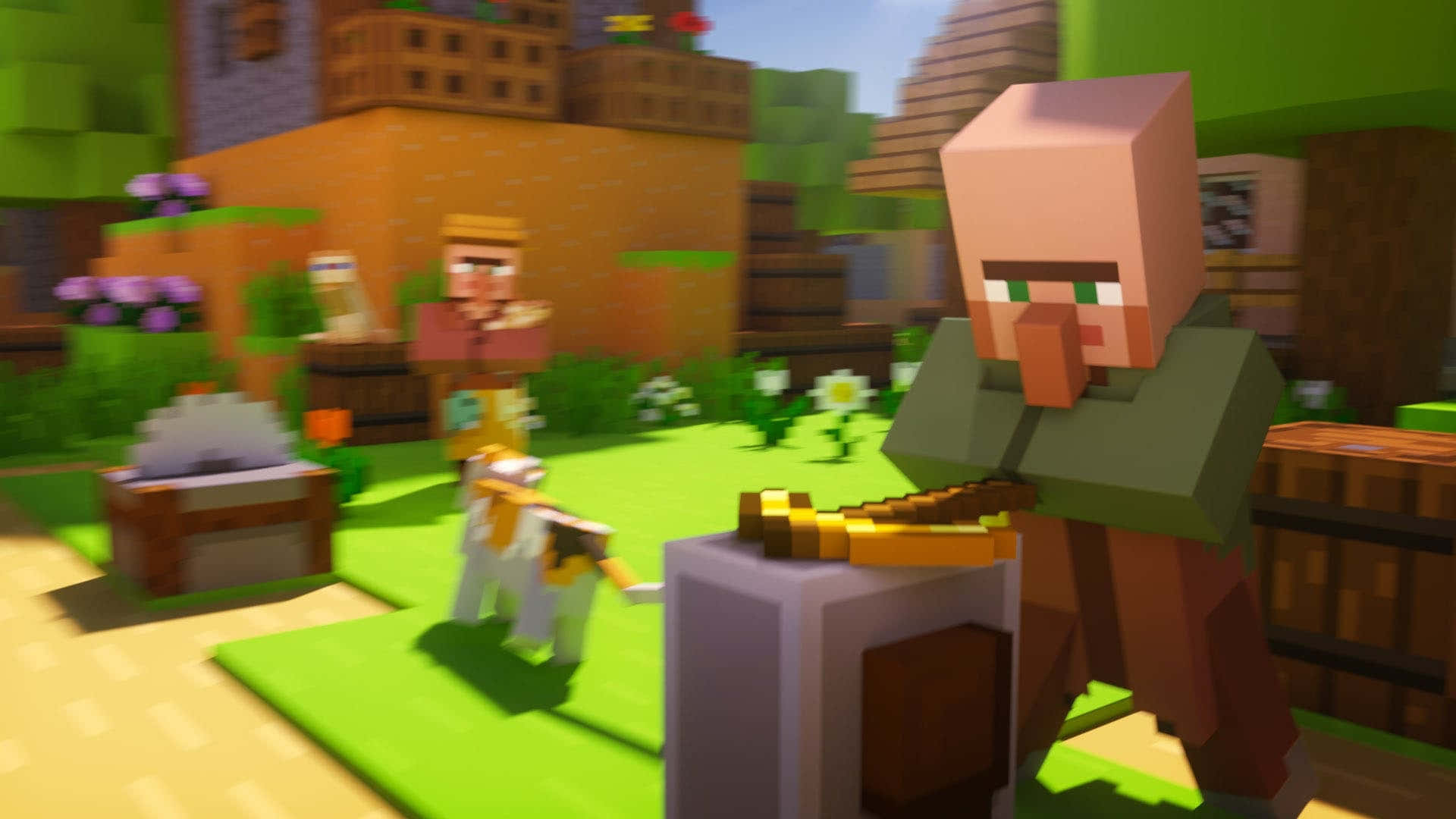 Minecraft Villagers 桌布 壁紙 — Minecraft 中一個像素化的村民手持金色劍，而一隻羊站在附近，在充滿活力的方塊村莊中。