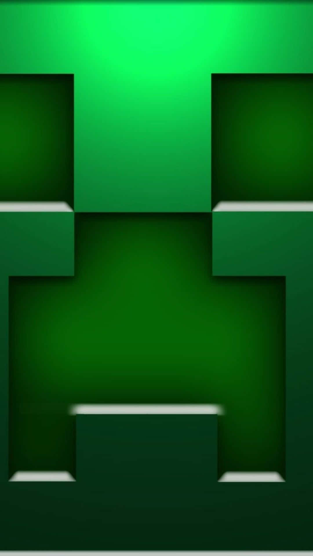電玩遊戲 桌布 壁紙 — Minecraft 中像素化的綠色爬行者面孔，帶有發光的眼睛和方塊紋理。