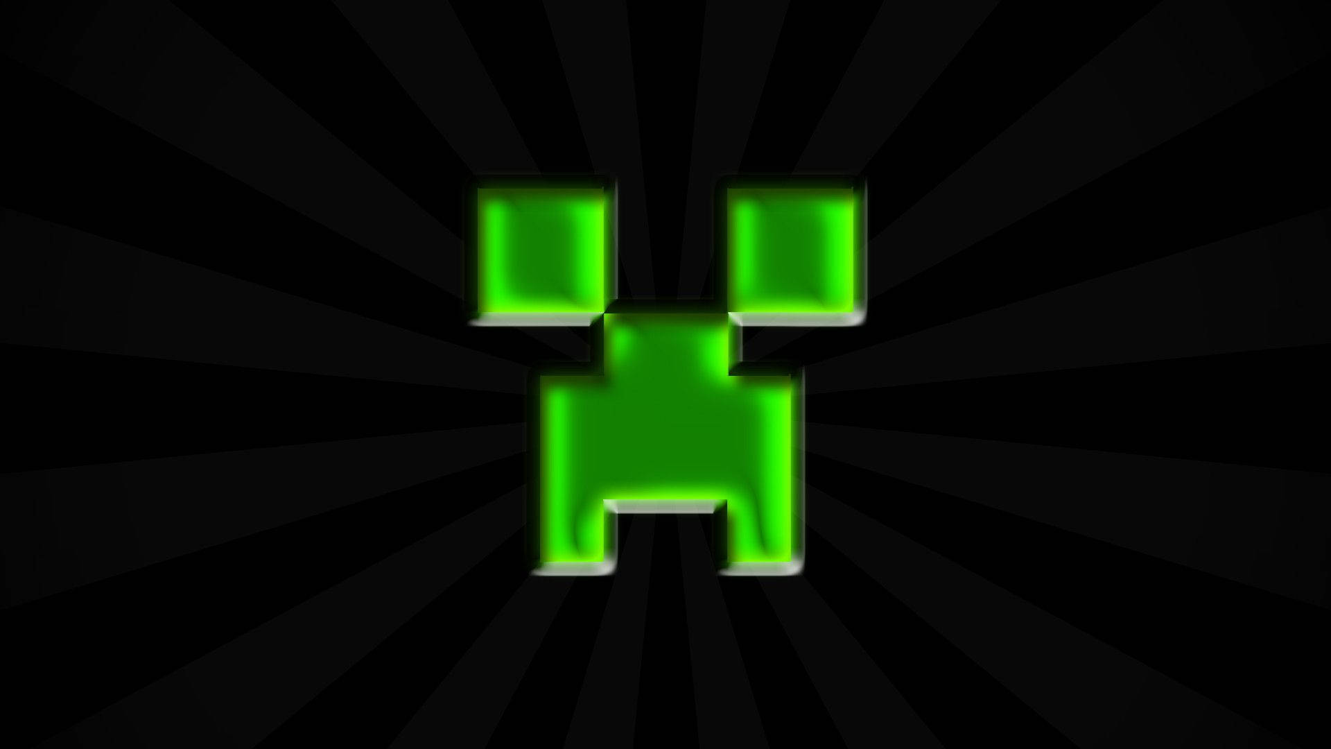 Creeper 桌布 壁紙 — Minecraft 中發光的綠色苦力怕臉在黑色放射狀爆發背景中閃耀。