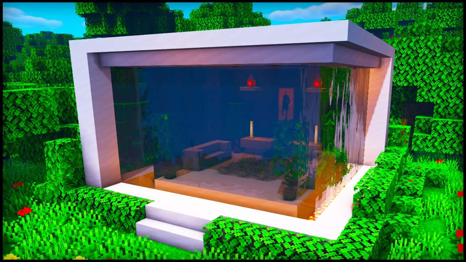 Minecraft 中的一間小屋配玻璃窗