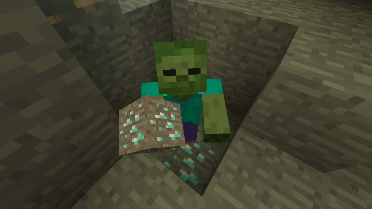 Minecraft Zombie 桌布 壁紙 — Minecraft 中的像素化殭屍在黑暗石坑中手持鑽石方塊。