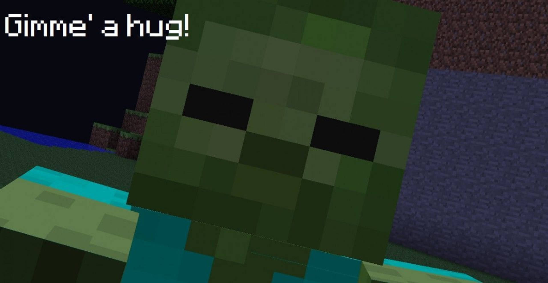 我的世界迷因 桌布 壁紙 — Minecraft 中的像素化綠色爬行者，帶有友好的文字疊加，在方塊狀的夜間場景中要求擁抱。