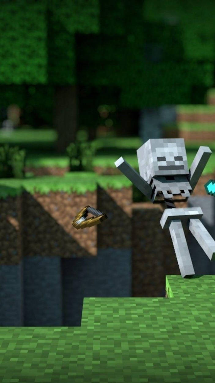 Animated 桌布 壁紙 — Minecraft 中的像素化骷髏站在長滿草的懸崖上，手持發光的劍，背景是森林。