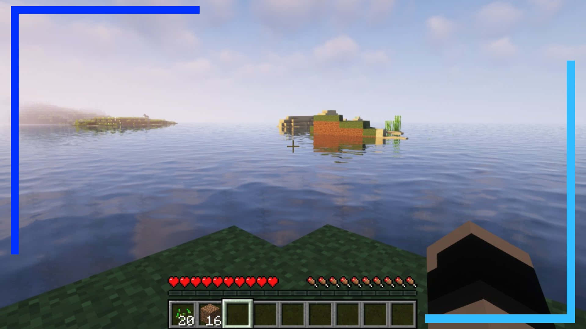 Minecraft Mods 桌布 壁紙 — Minecraft 中的第一人稱視角，顯示玩家在平靜的海面上航行，前往一個有小型村莊的遙遠島嶼。