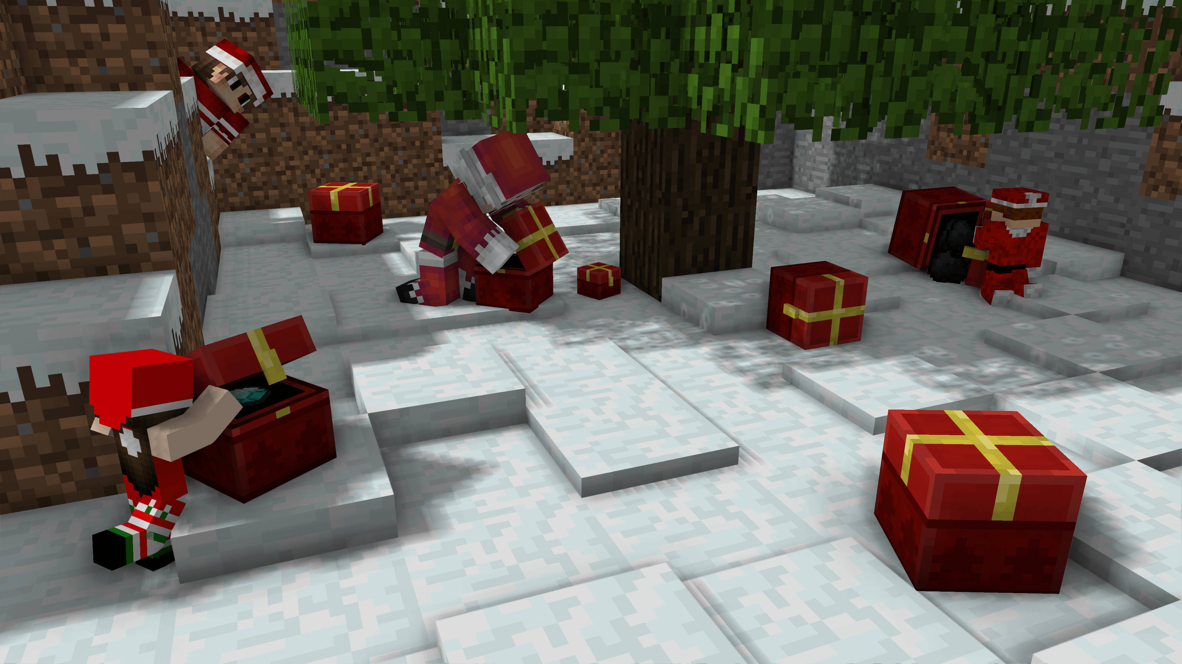 我的世界 桌布 壁紙 — Minecraft 像素藝術中的聖誕老人角色在雪樹下打開紅色禮物盒。