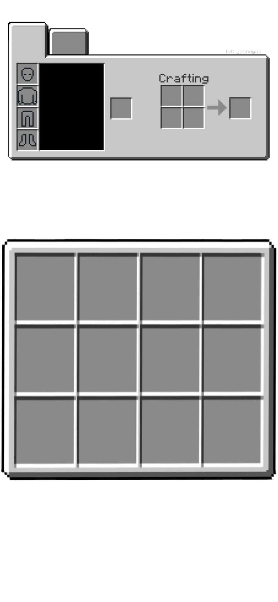 桌布 壁紙 — Minecraft 合成介面，帶有像素化灰色調的庫存網格和合成台佈局。
