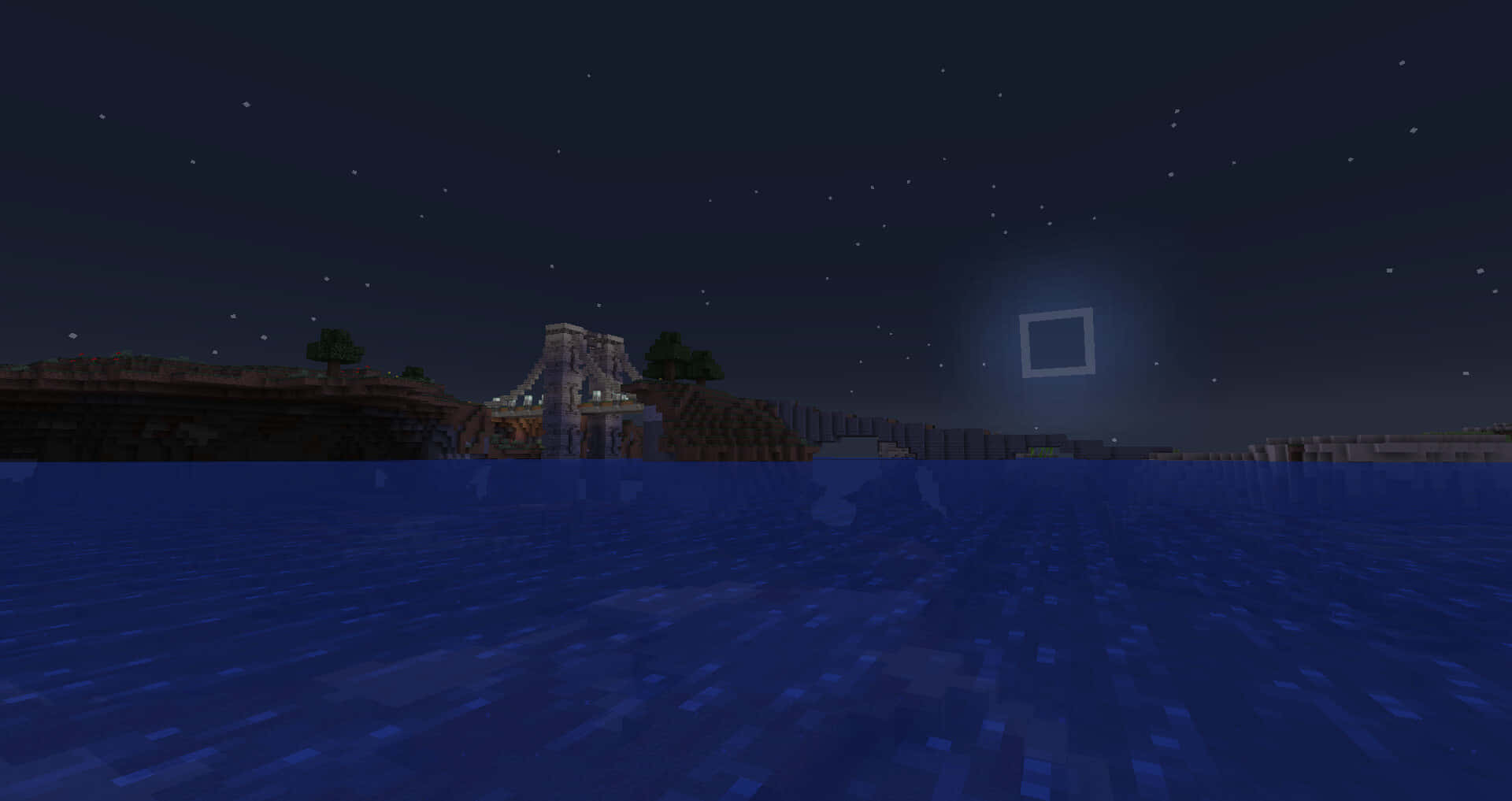 Minecraft Bridges 桌布 壁紙 — Minecraft 夜晚場景，水面上有發光的傳送門，星空下有石頭結構。