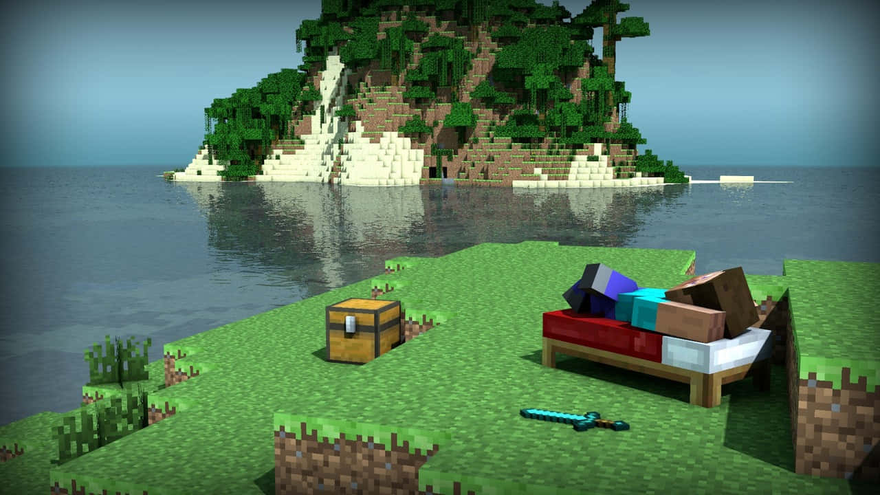 Herobrine 桌布 壁紙 — Minecraft 島嶼場景，草地上有床、儲物箱和鑽石劍，靠近水邊。