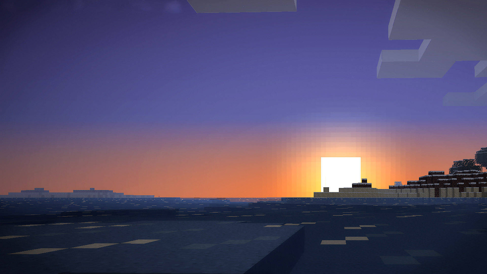 最佳我的世界 桌布 壁紙 — Minecraft 日落，有塊狀地形和水平線上發光的太陽在水面上。