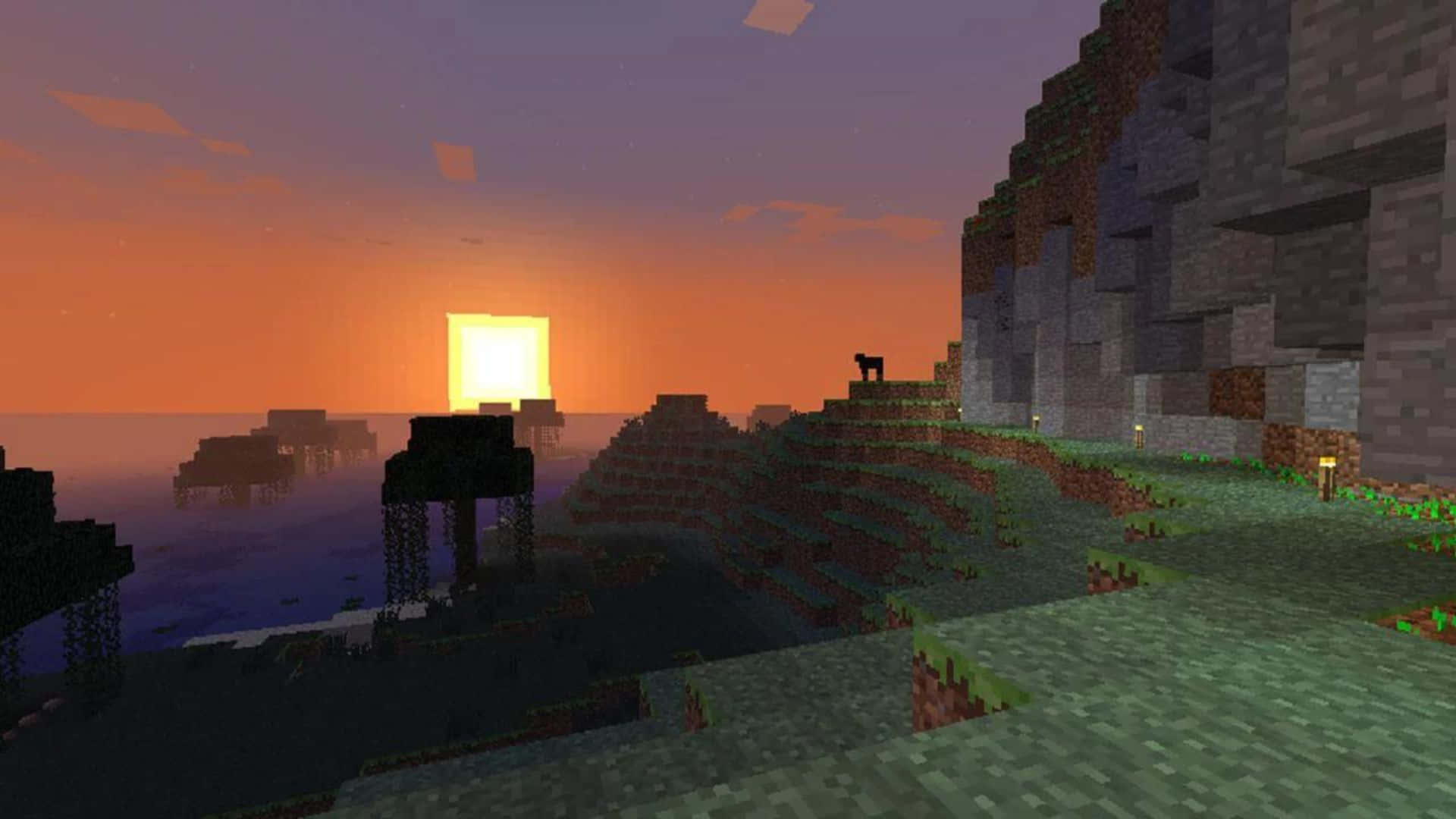 Minecraft Sheep 桌布 壁紙 — Minecraft 日落場景，有塊狀懸崖、草地和海洋，天空是發光的橙色，帶有明亮的太陽方塊。