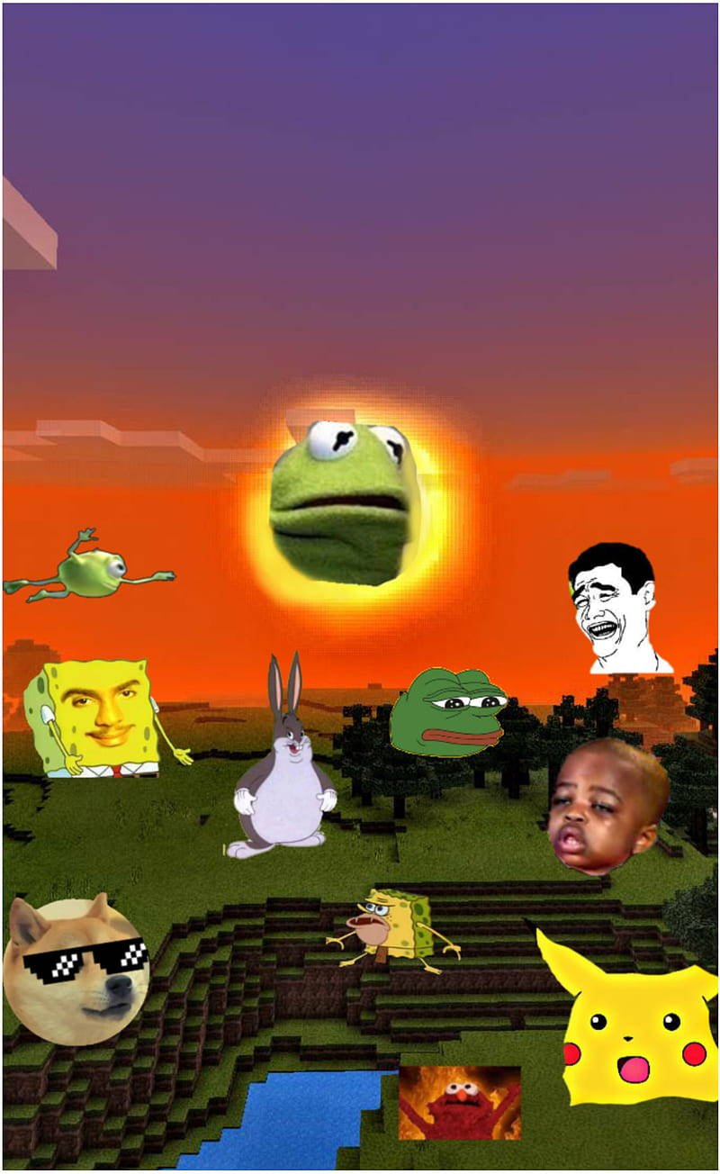 meme 桌布 壁紙 — Minecraft 日落景觀，漂浮著網路迷因，包括 Kermit、Pepe、Doge 和 Pikachu。