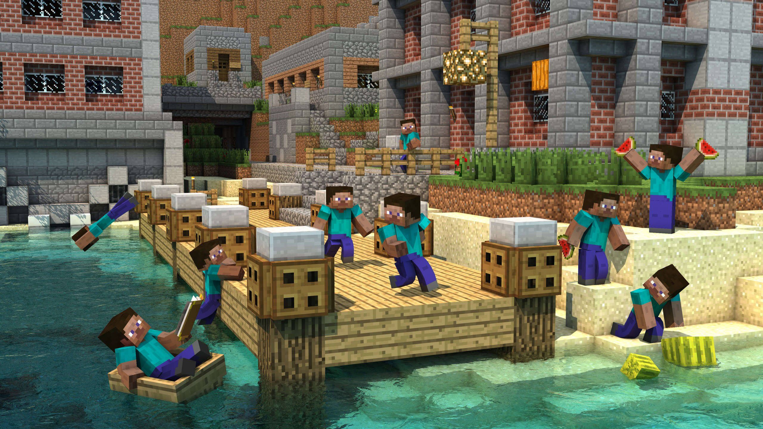 我的世界 史蒂夫 桌布 壁紙 — Minecraft 村民愉快地聚集在木製碼頭上，旁邊是碧綠色的海水，他們手持西瓜並在船上放鬆。