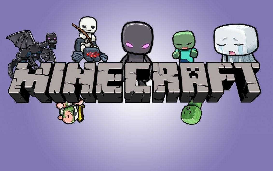 Minecraft Logo 桌布 壁紙 — Minecraft 標誌，以紫色漸層背景為襯托，標題周圍排列著像 Enderman 和 Creeper 這樣的標誌性方塊角色。