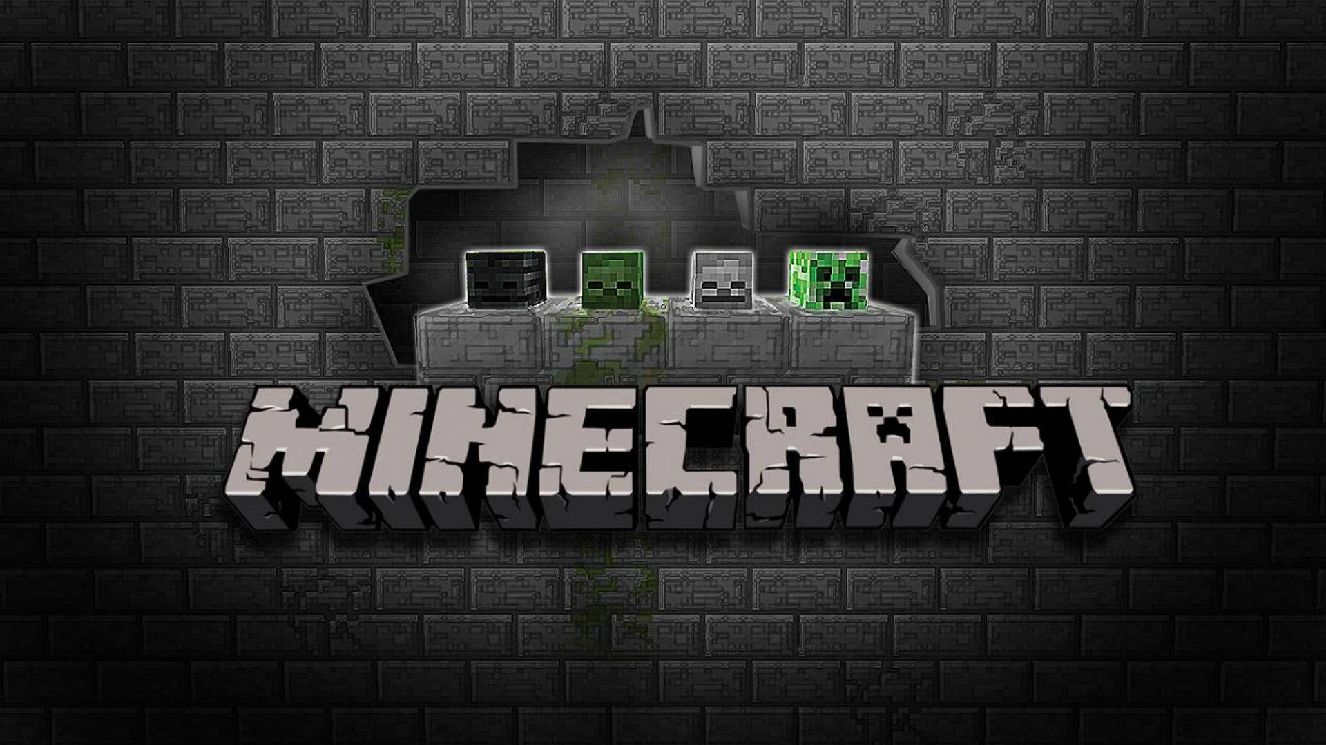 Minecraft Logo 桌布 壁紙 — Minecraft 標誌，四個像素化生物站在石台上，背景是深色磚牆，帶有發光的綠色苔蘚。