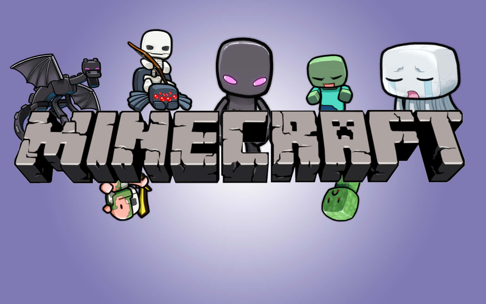 Minecraft Mobs 桌布 壁紙 — Minecraft 標誌，帶有像 Enderman 和 Creeper 這樣的標誌性方塊角色，排列在紫色漸變背景上的標題周圍。