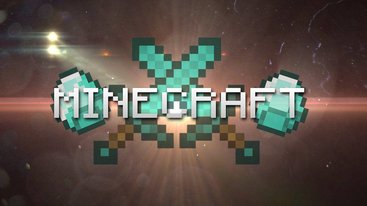 電玩遊戲 桌布 壁紙 — Minecraft 標誌，鑽石劍交叉放置於帶有發光星星和鏡頭光暈的宇宙背景上。