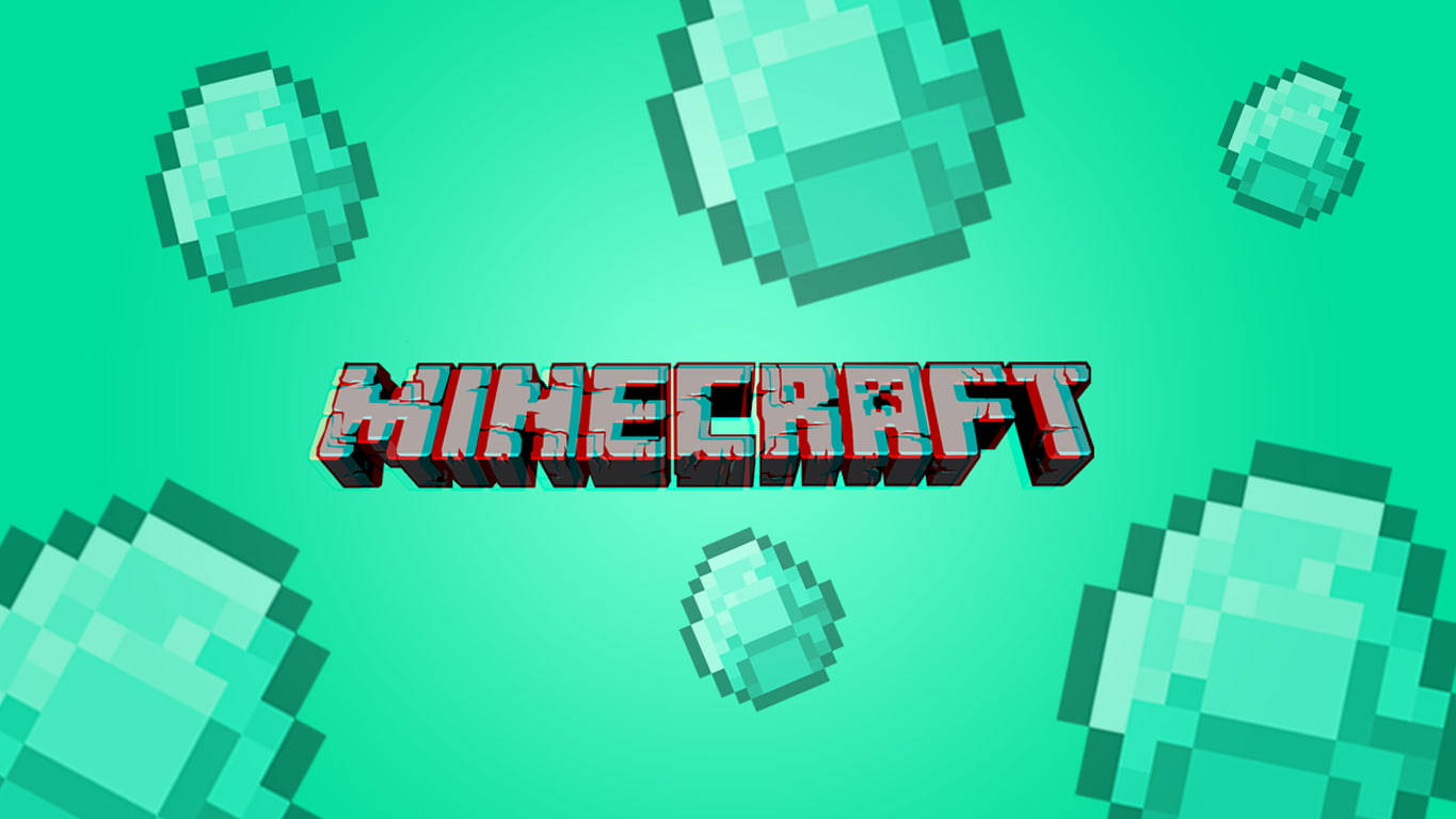 Minecraft Logo 桌布 壁紙 — Minecraft 標誌以像素化 3D 風格呈現，周圍環繞著浮動的鑽石方塊，背景為青綠色漸變。