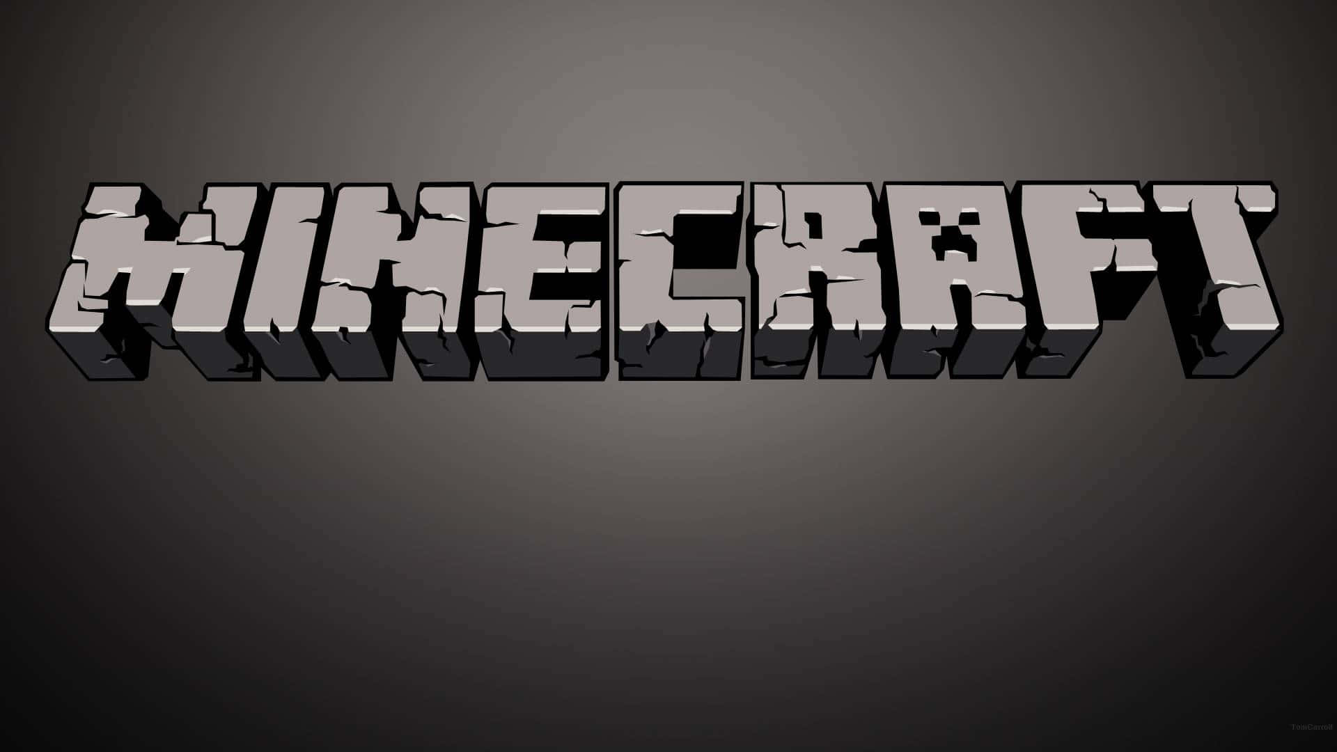 可愛 Minecraft 桌布 壁紙 — Minecraft 標誌以方塊狀 3D 字母呈現，帶有裂紋紋理，背景為深色漸層。