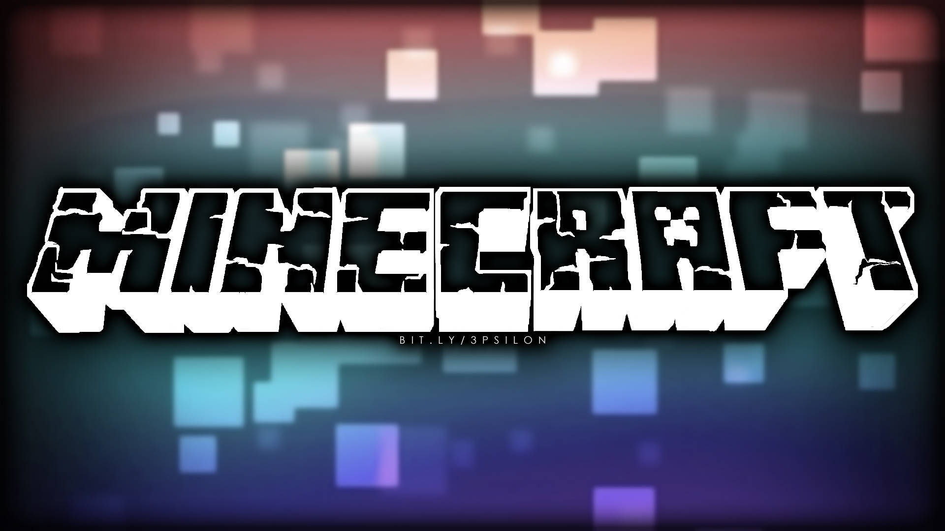 4K Minecraft 壁紙 桌布 壁紙 — Minecraft 標誌以粗體方塊白色字體呈現，背景為藍色、紫色和紅色調的模糊發光像素方格。