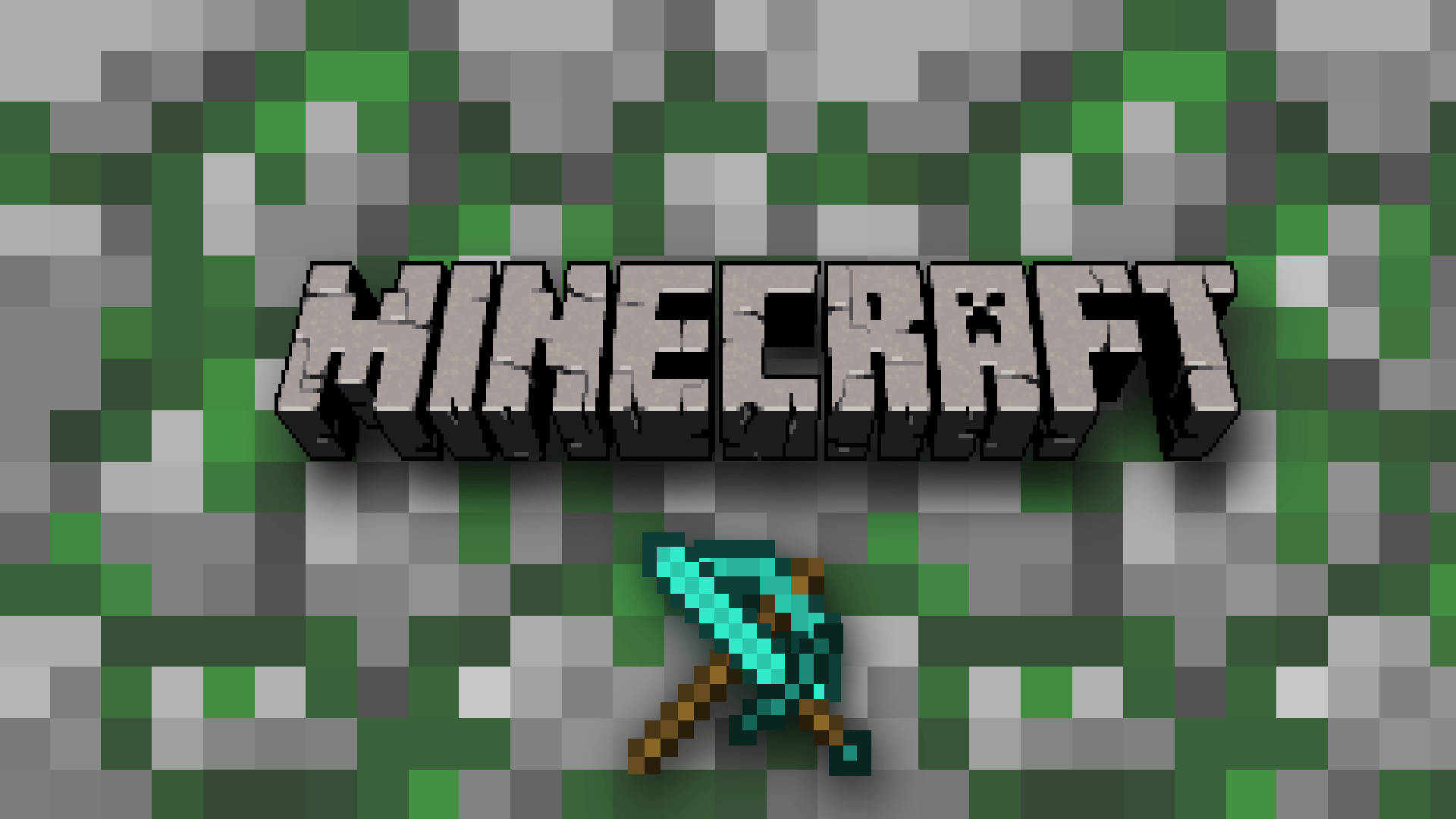電玩遊戲 桌布 壁紙 — Minecraft 標誌和鑽石劍在綠色和灰色方塊背景上像素化。