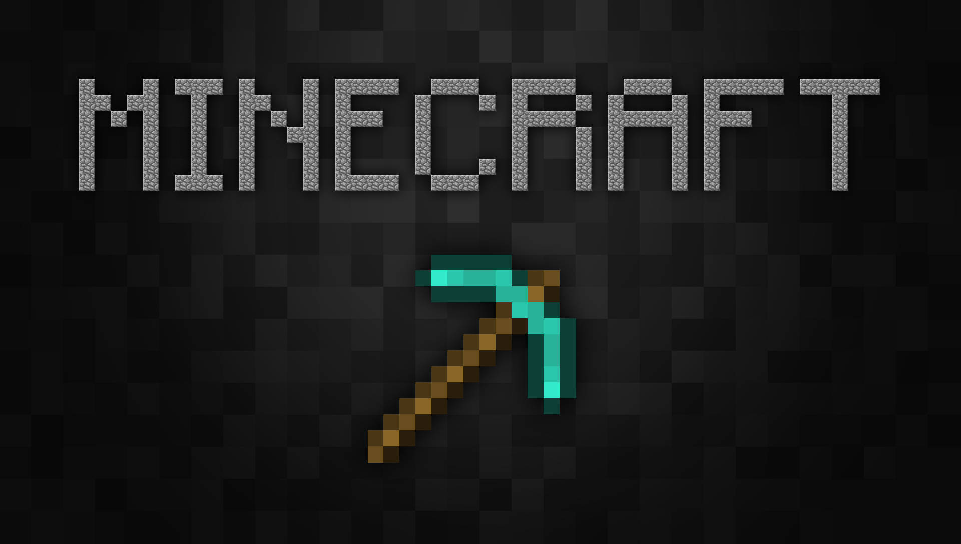 我的世界 桌布 壁紙 — Minecraft 標誌和鑽石鎬以標誌性像素藝術風格呈現在深色紋理背景上。