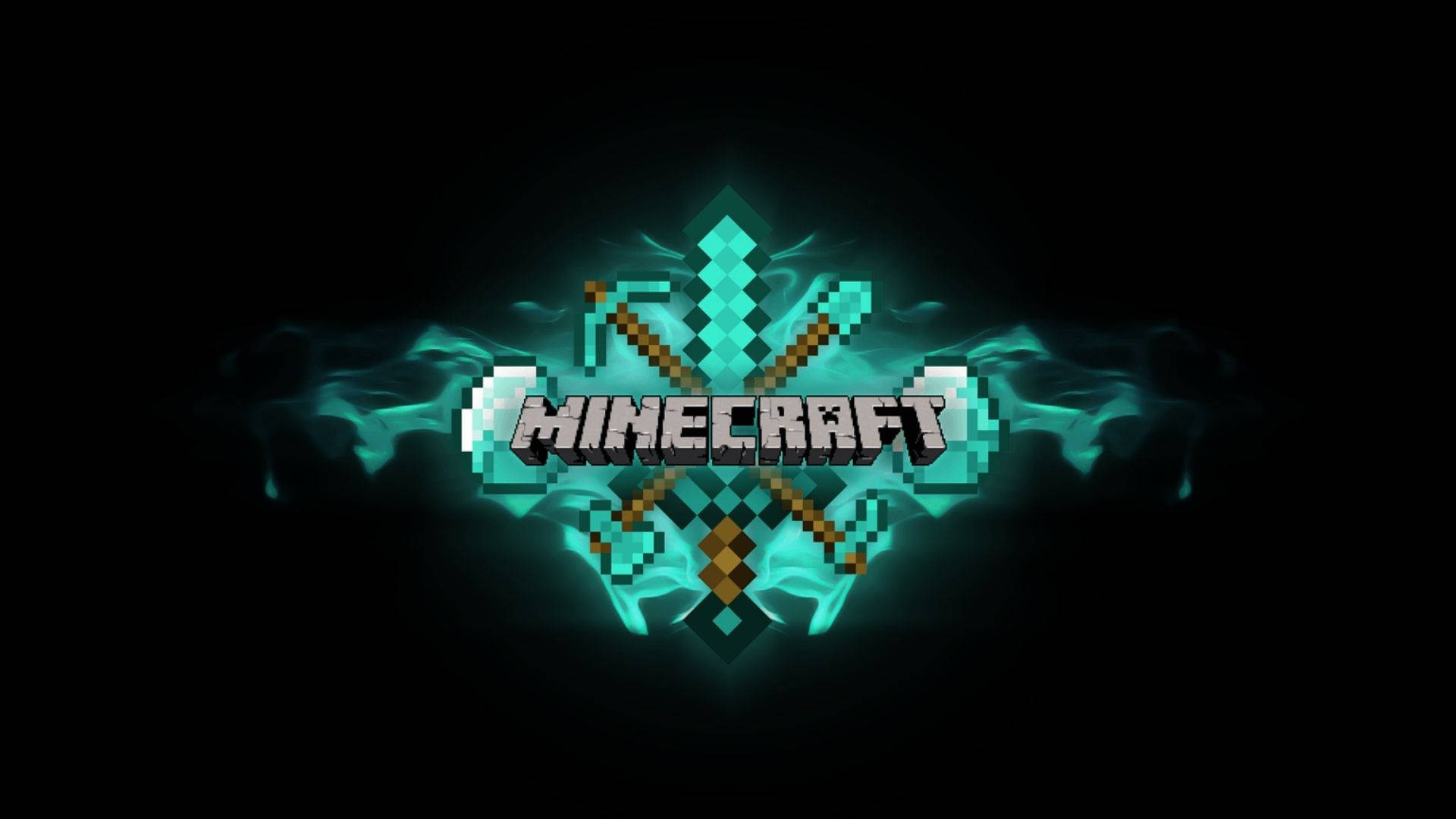 我的世界 鑽石 桌布 壁紙 — Minecraft 標誌在深色背景上發出青綠色像素化工具的光芒。