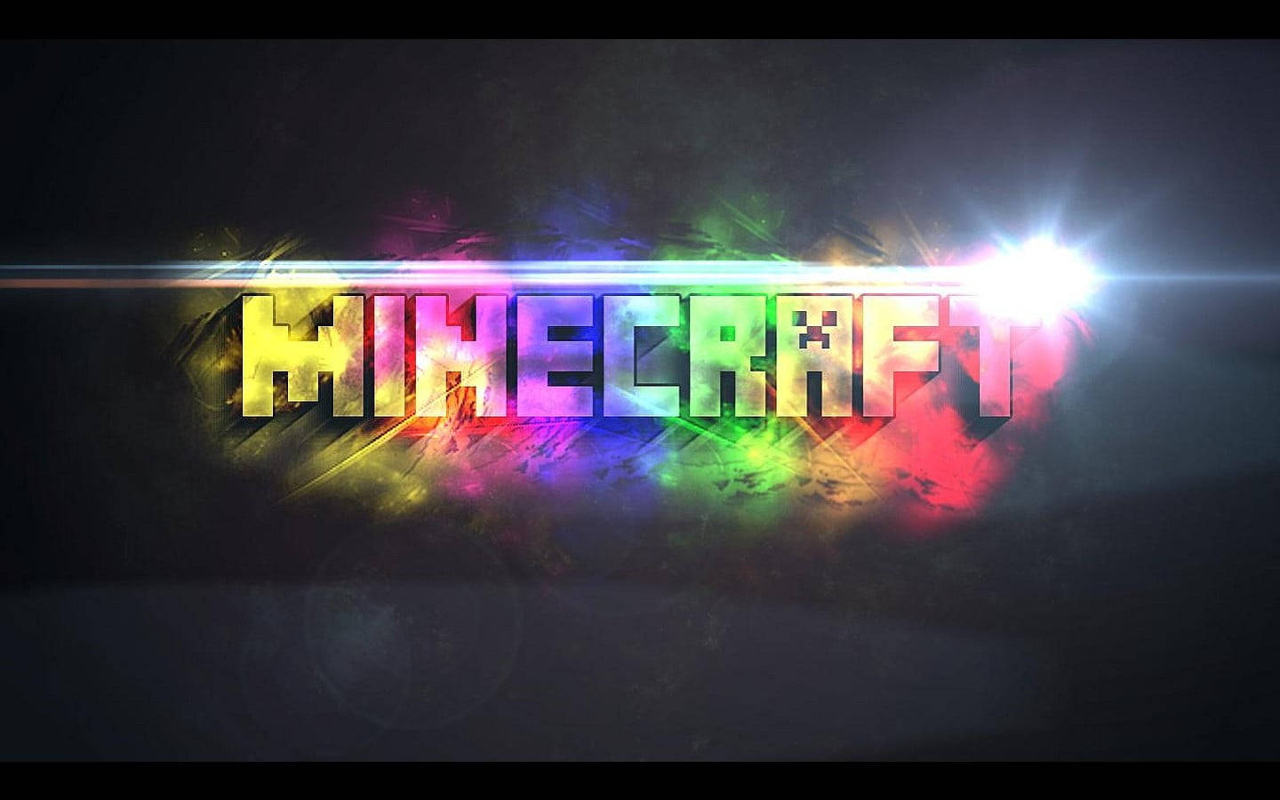 彩色動圖 桌布 壁紙 — Minecraft 標誌在深色背景上散發出鮮豔的彩虹光芒，並帶有鏡頭光暈和粒子效果。
