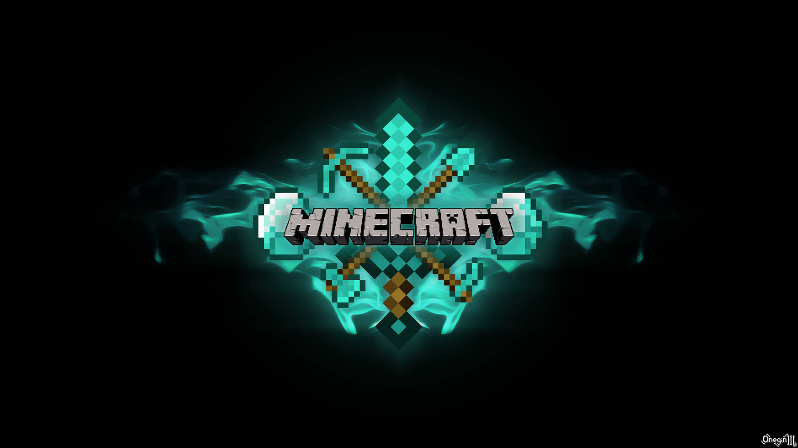 電玩遊戲 桌布 壁紙 — Minecraft 標誌在黑暗煙霧背景上閃耀著青綠色的像素化工具。