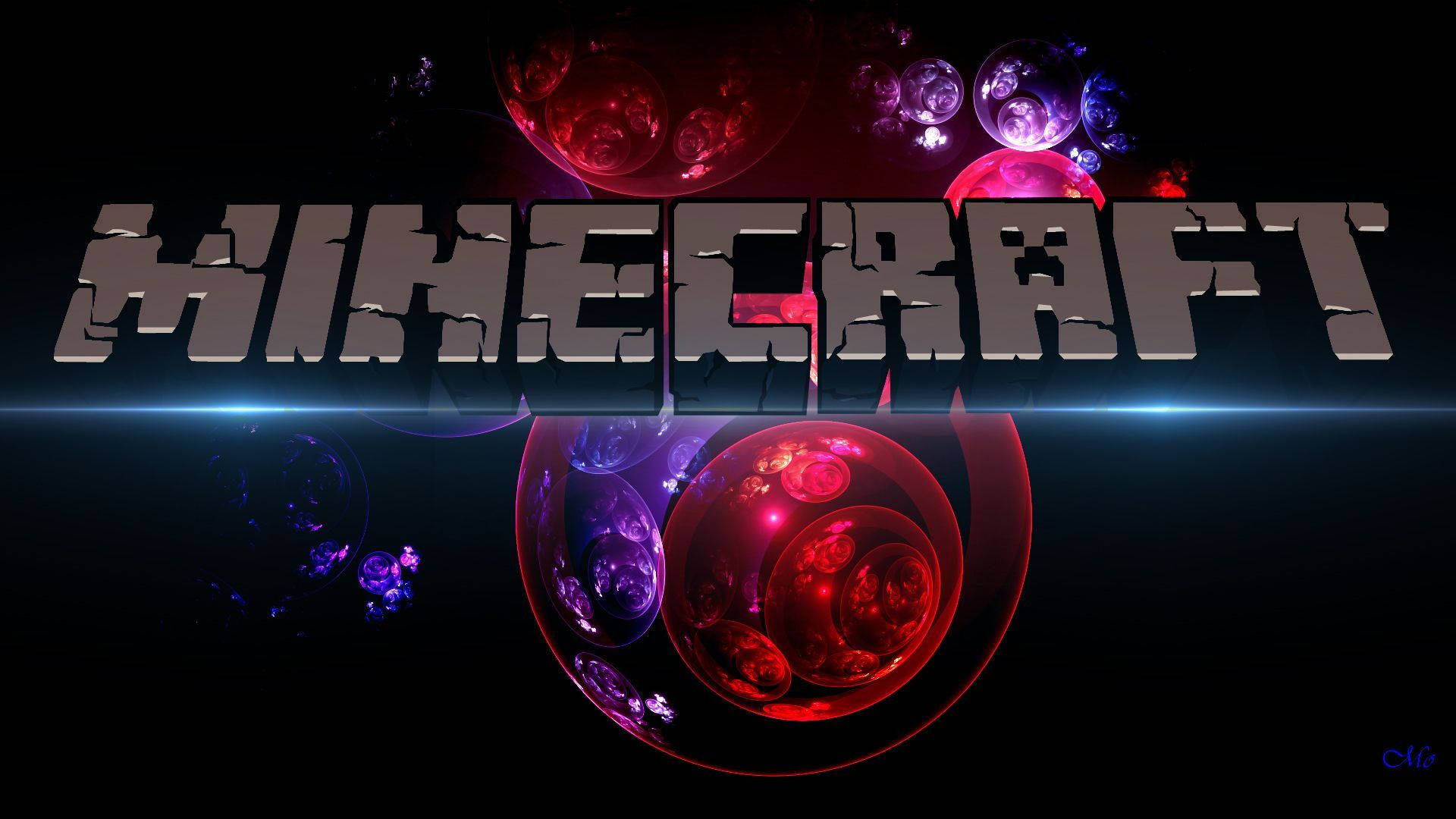 Minecraft Logo 桌布 壁紙 — Minecraft 標誌在黑色背景上發出藍光，背景點綴著發光的紅色和紫色球體。