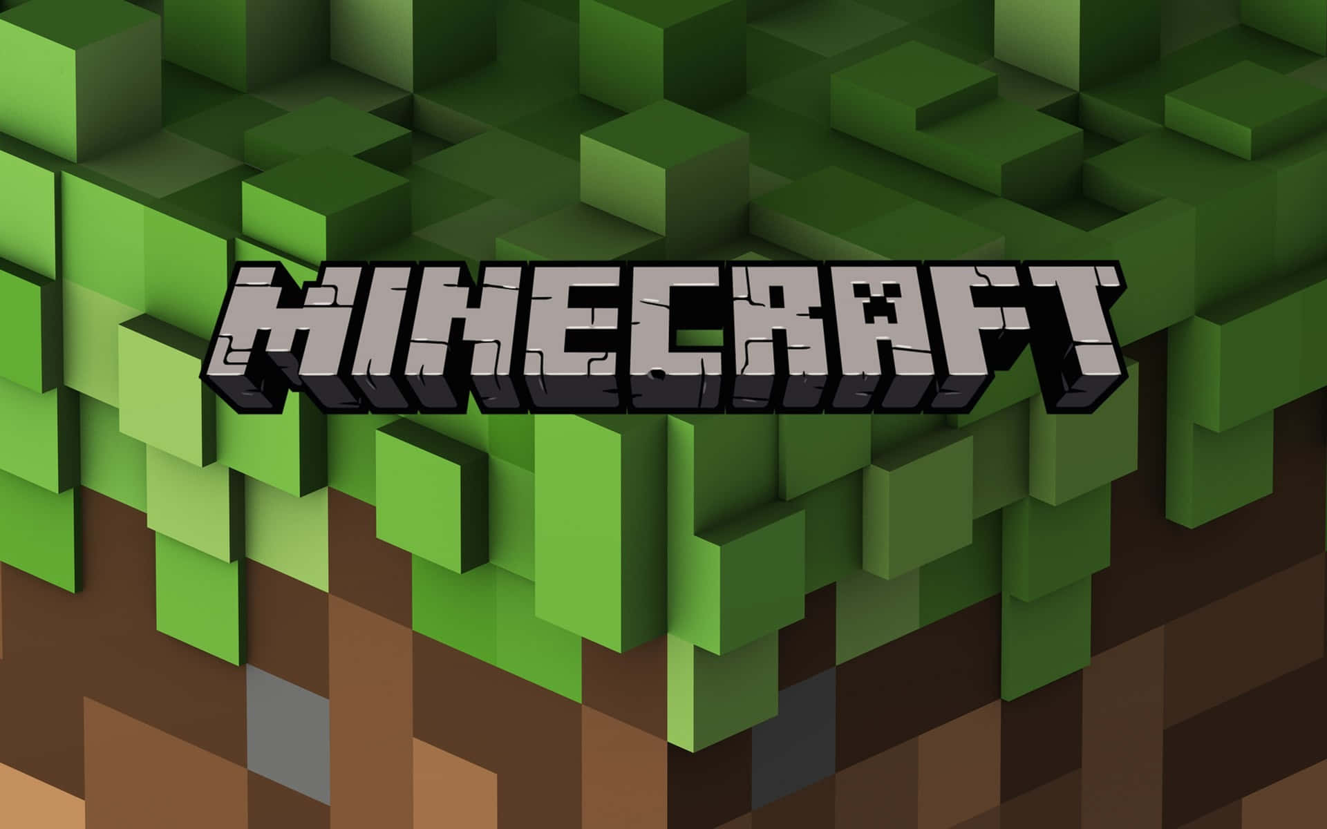 Grass 桌布 壁紙 — Minecraft 標誌從一個方塊狀的綠色草丘中浮現，下方是像素化的泥土。