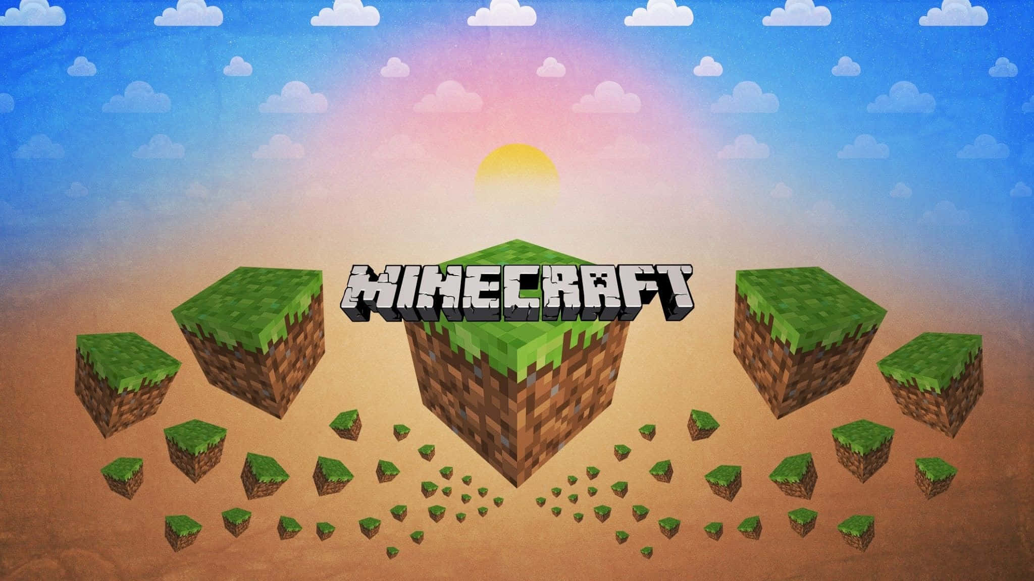 Land 桌布 壁紙 — Minecraft 標誌漂浮在浮動草塊上方，背景是夕陽天空和 fluffy 雲朵。