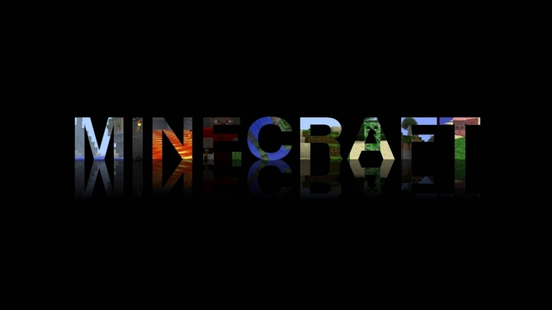 Minecraft 標誌，每個字母內有方塊場景，黑色背景上有反射