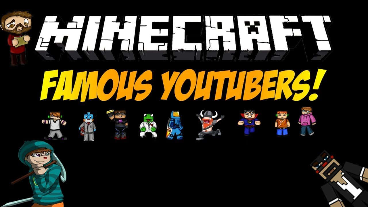 Minecraft Youtubers 桌布 壁紙 — Minecraft 標誌與知名 YouTuber 的方塊頭像顯示在黑色背景上。