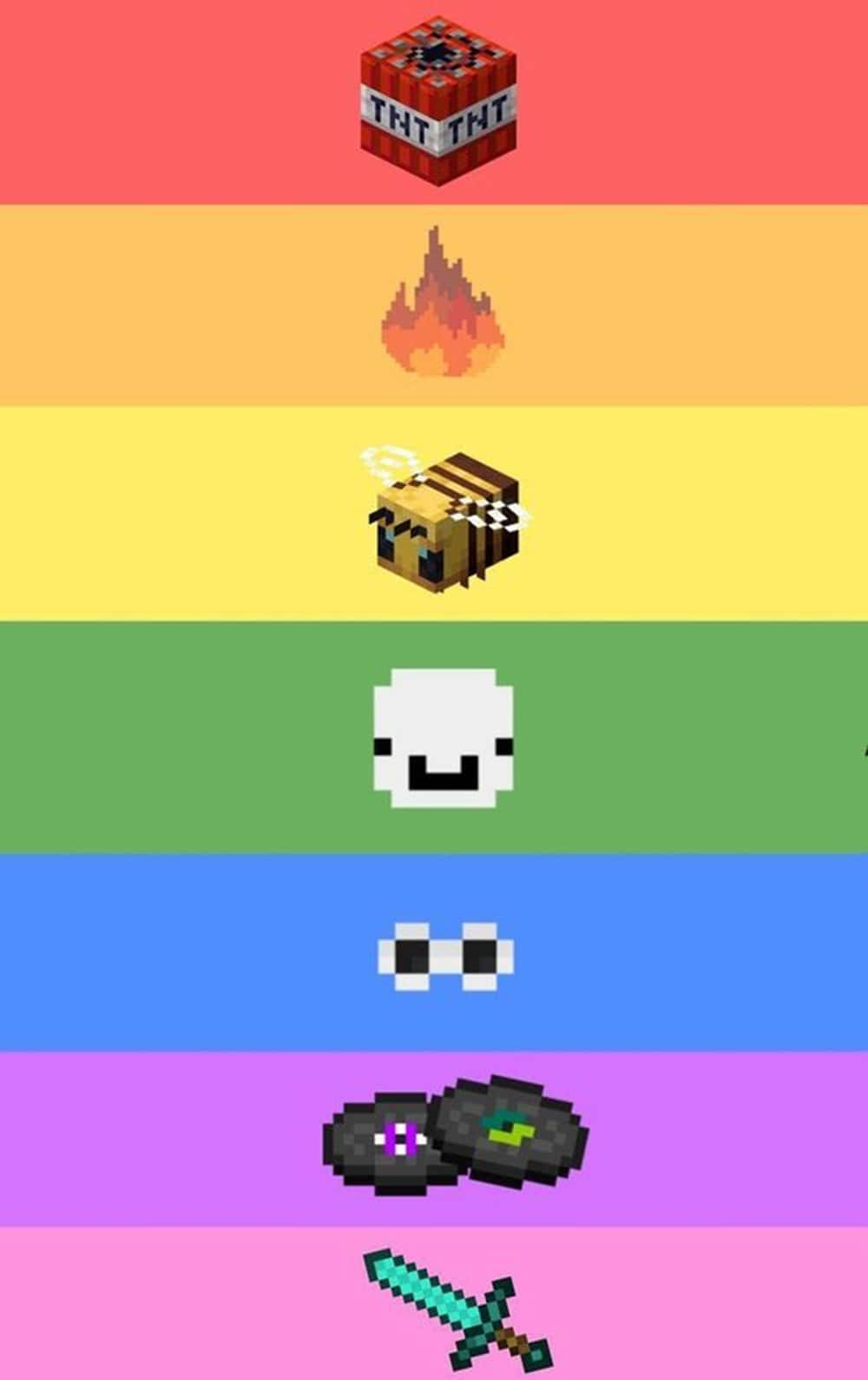 我的世界 桌布 壁紙 — Minecraft 物品和角色的像素藝術圖標垂直排列在彩虹漸變背景上。