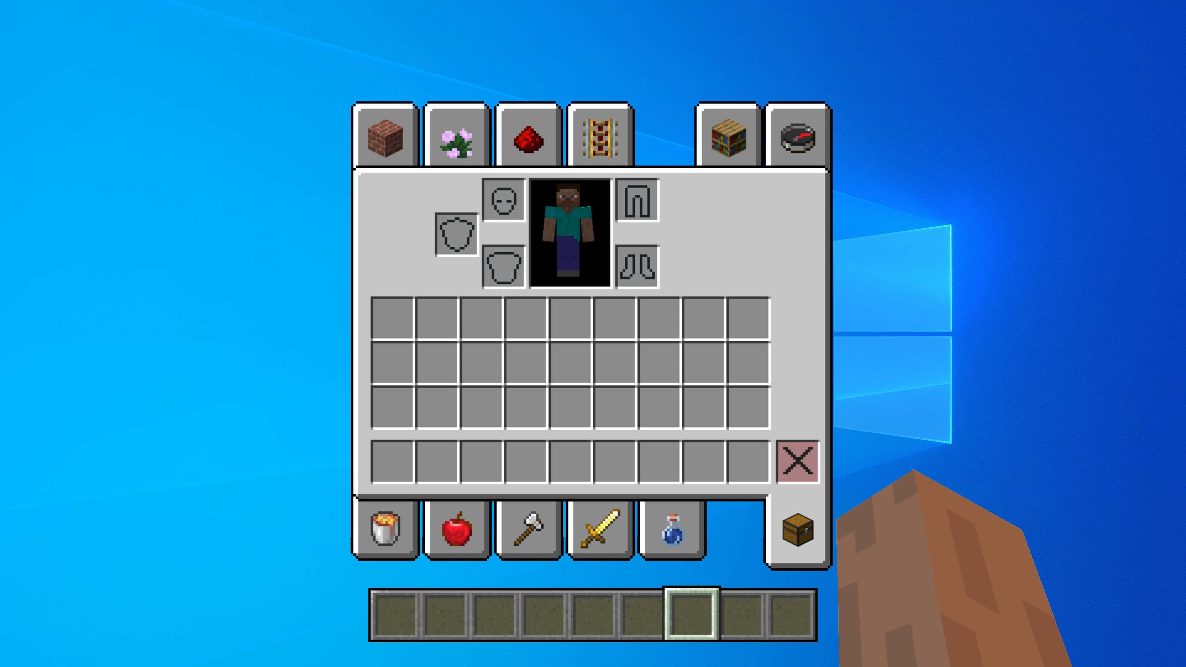 Minecraft Phone 桌布 壁紙 — Minecraft 物品欄畫面，顯示玩家物品及 Windows 10 背景。