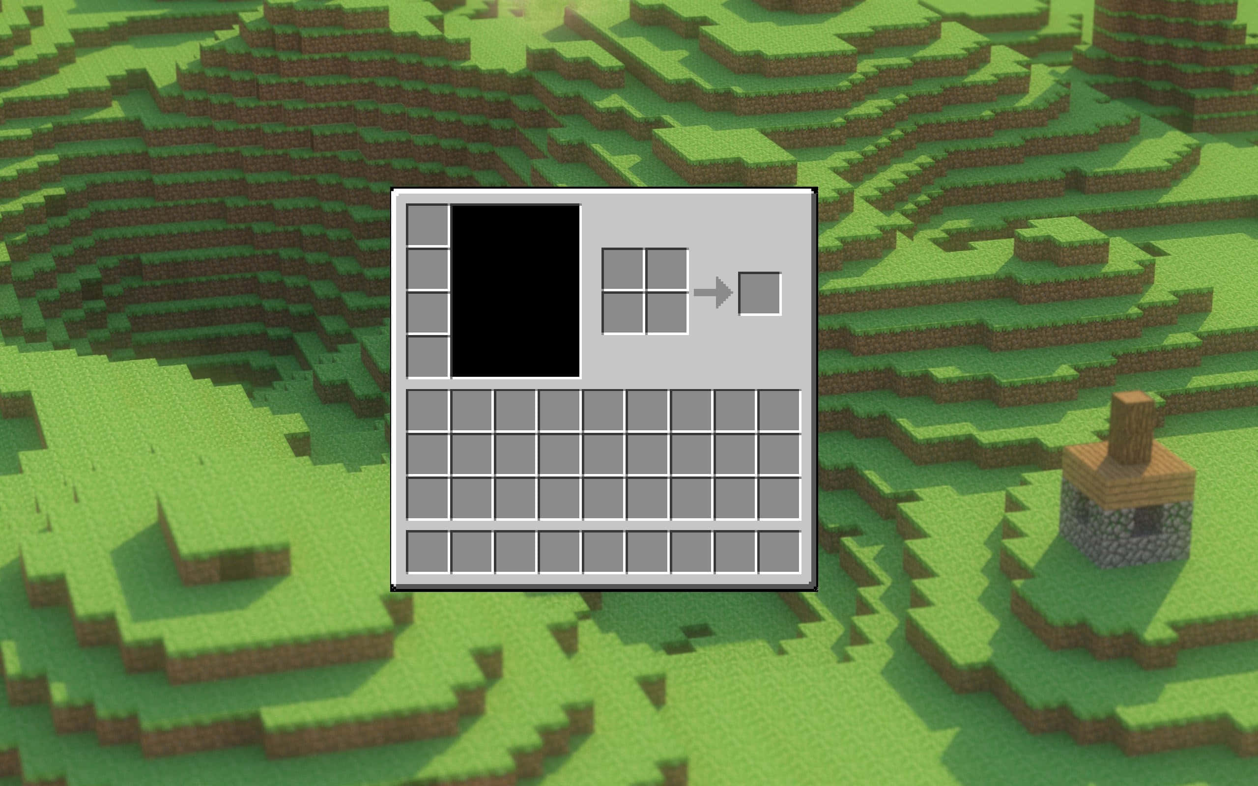 我的世界 鑽石 桌布 壁紙 — Minecraft 物品欄畫面漂浮在方塊狀的綠色和棕色地形上，附近有一座小石屋。