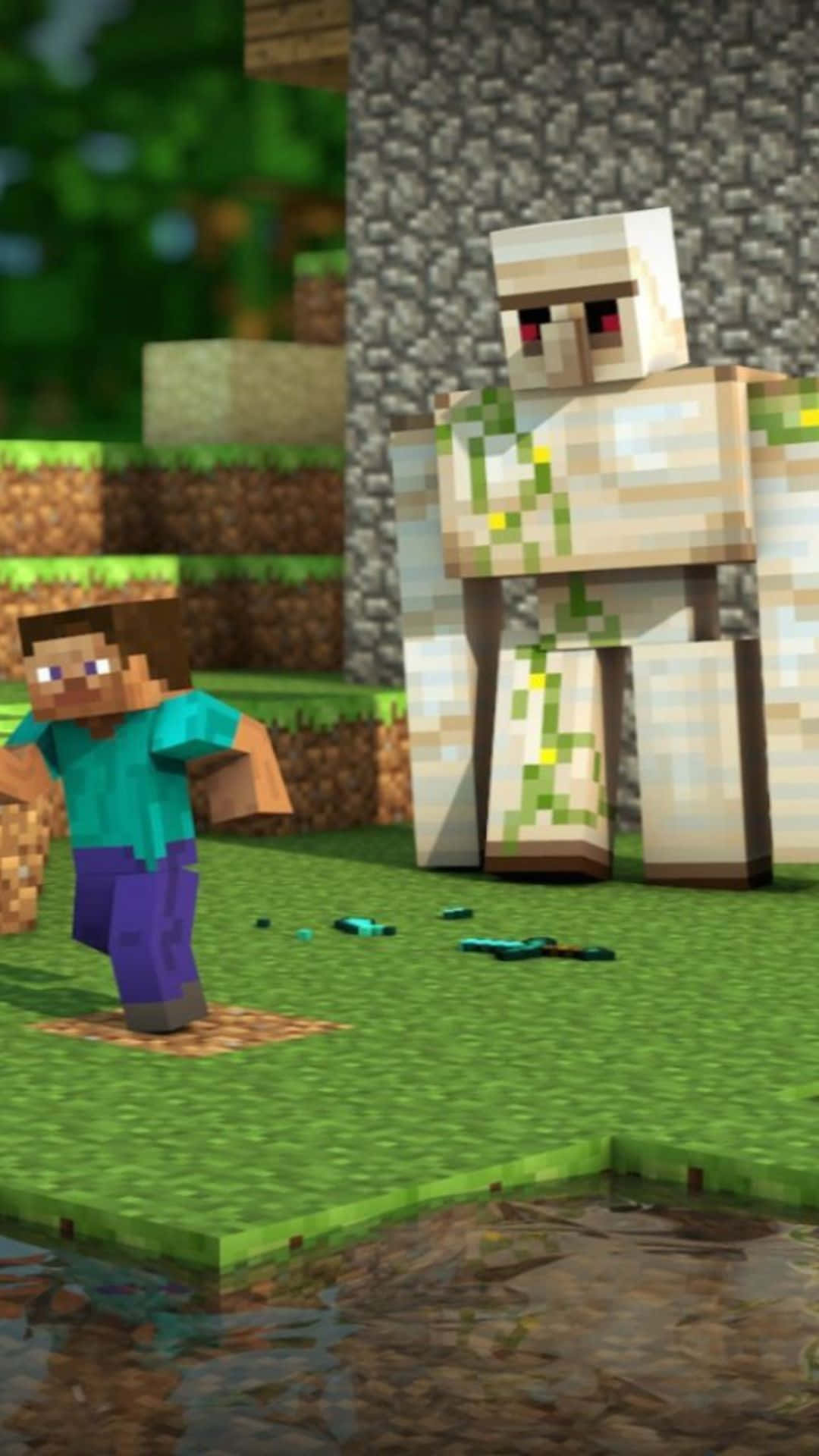 Minecraft Iron Golem 桌布 壁紙 — Minecraft 玩家在一個像素化草地生態群落中面對巨型殭屍，該群落有石頭建築和水。