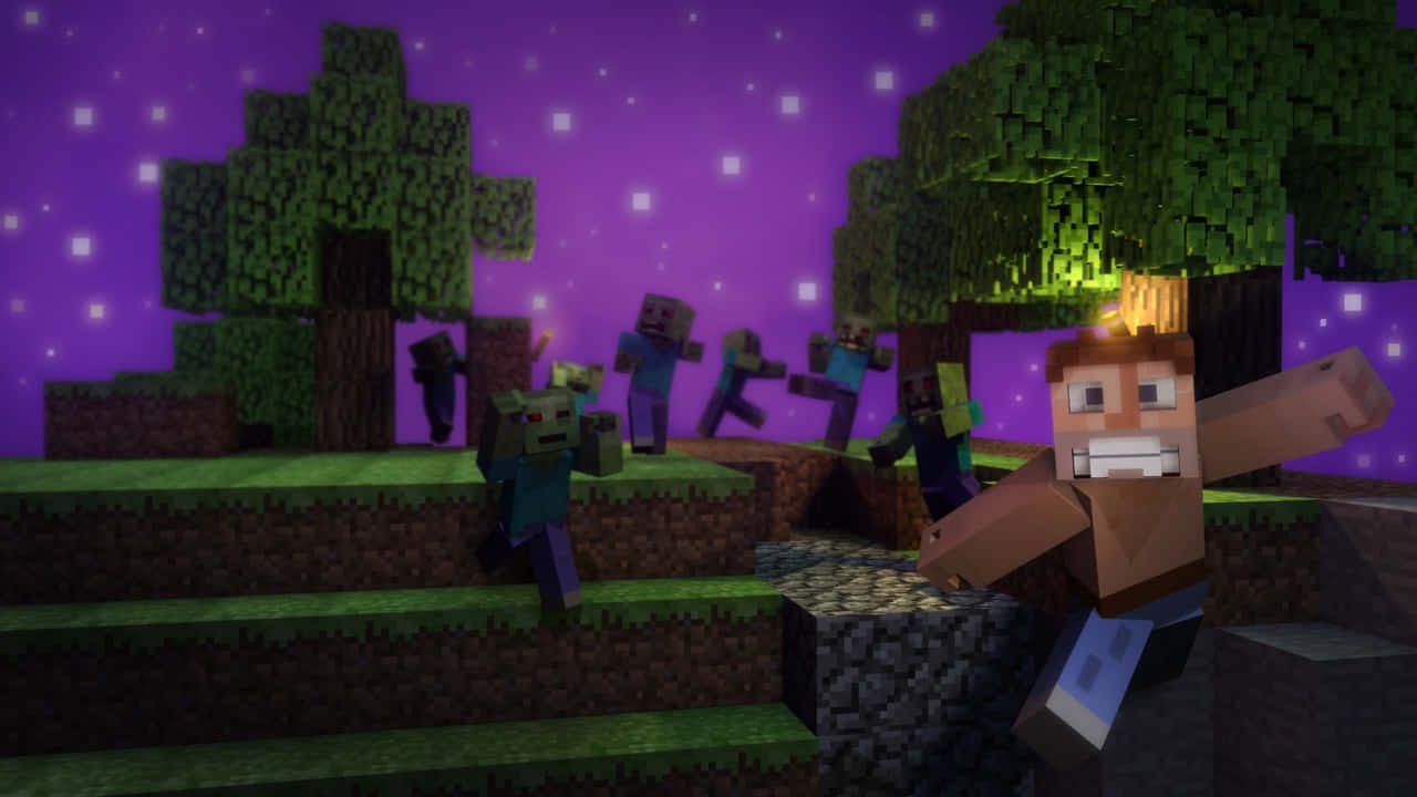 Herobrine 桌布 壁紙 — Minecraft 玩家在一個方塊森林中，在星光閃爍的紫色夜空下對抗殭屍。