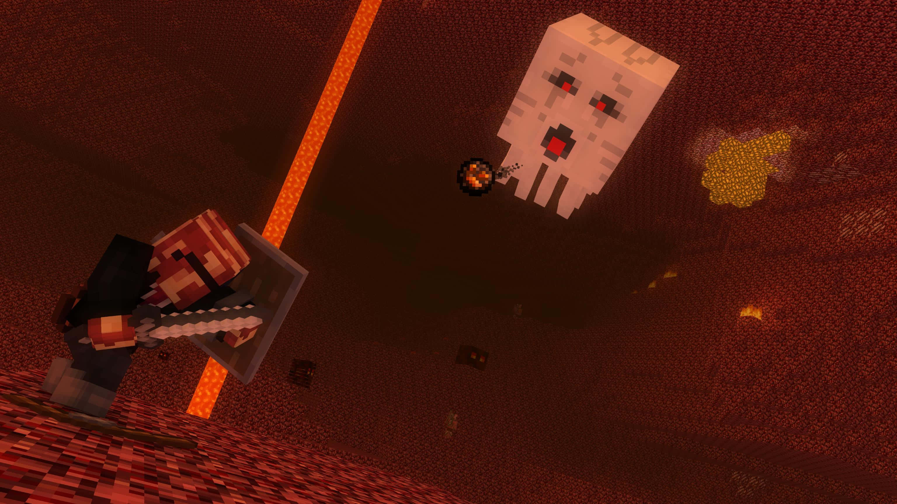 Minecraft Ghast 桌布 壁紙 — Minecraft 玩家在一個有發光熔岩和金磚的熾熱地獄堡壘中與 Ghast 戰鬥。
