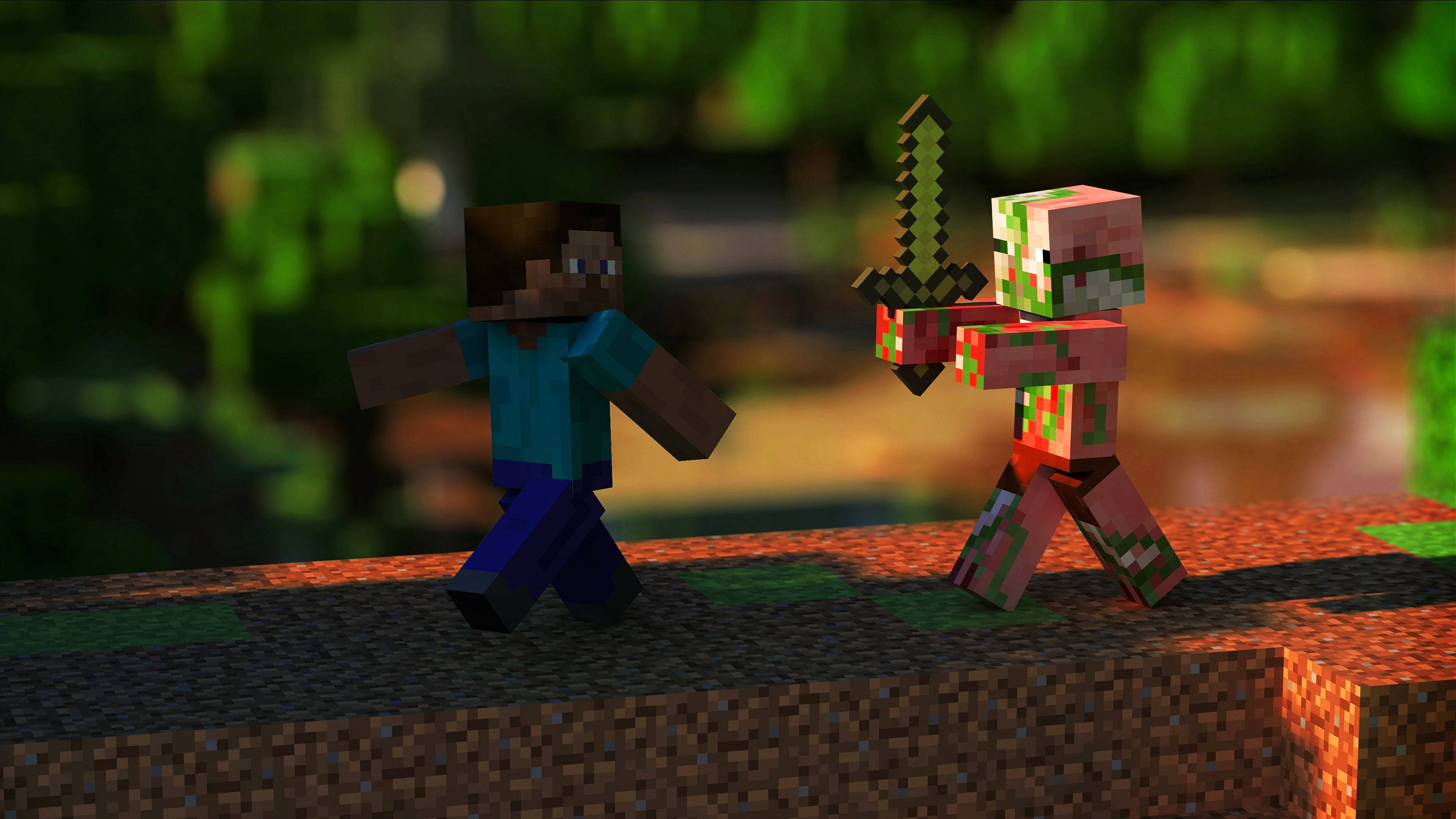 我的世界 史蒂夫 桌布 壁紙 — Minecraft 玩家在像素森林的草地上用劍對抗殭屍。