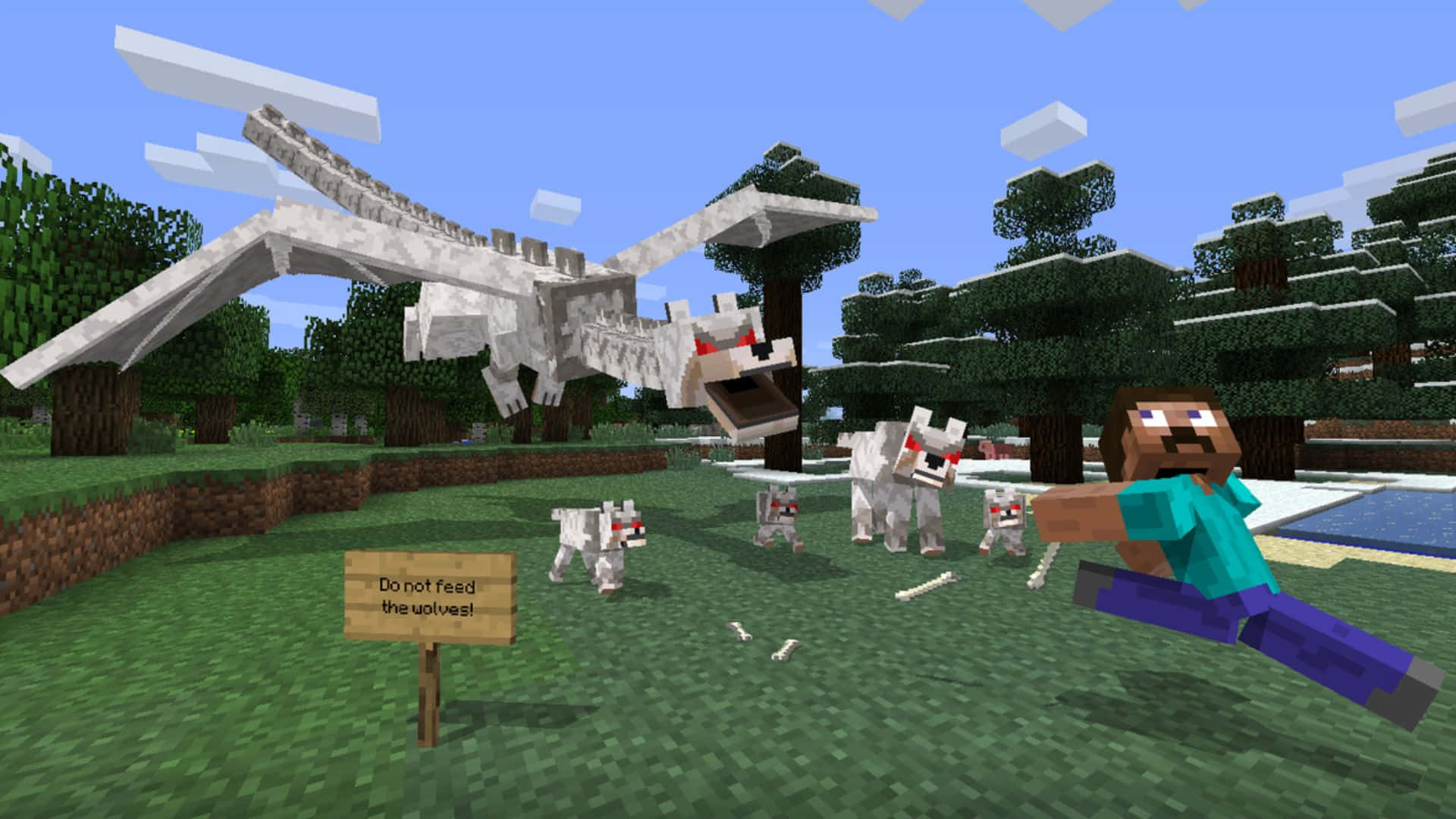 Minecraft Wolf 桌布 壁紙 — Minecraft 玩家在像素森林中被巨型骷髏龍追趕，同時有狼群追著他。