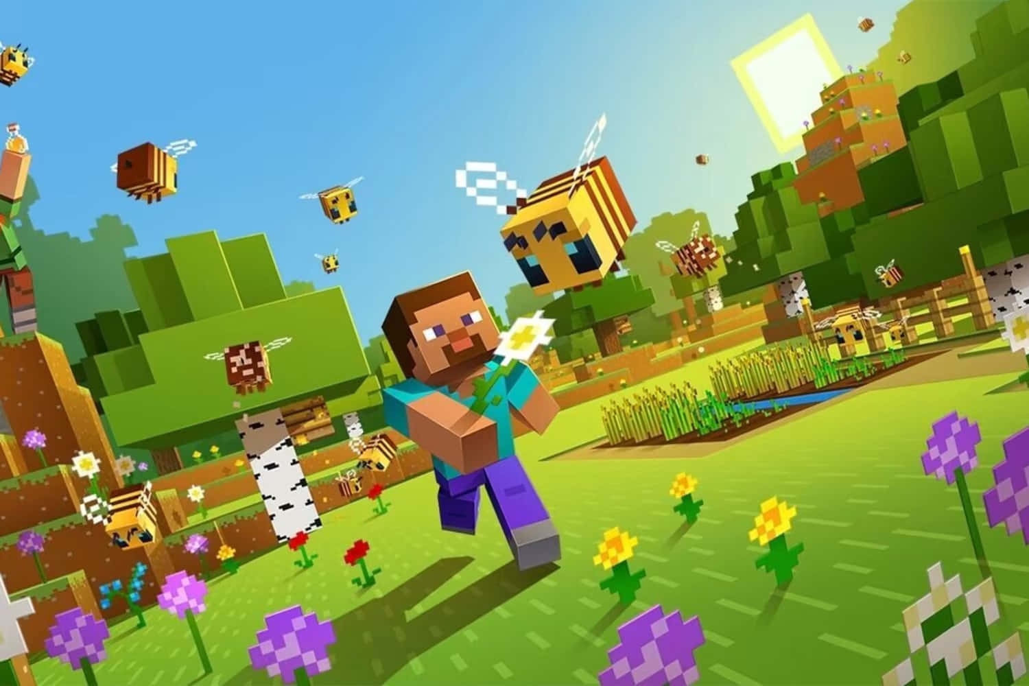 Minecraft 角色在開滿花朵的像素化田野中拿著一朵雛菊，周圍有蜜蜂飛舞。