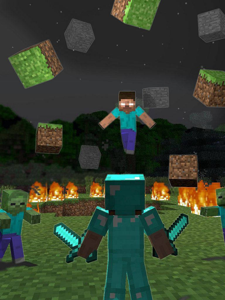 電玩遊戲 桌布 壁紙 — Minecraft 玩家在浮動方塊之間跳躍，而殭屍和火炬在星空下發光。