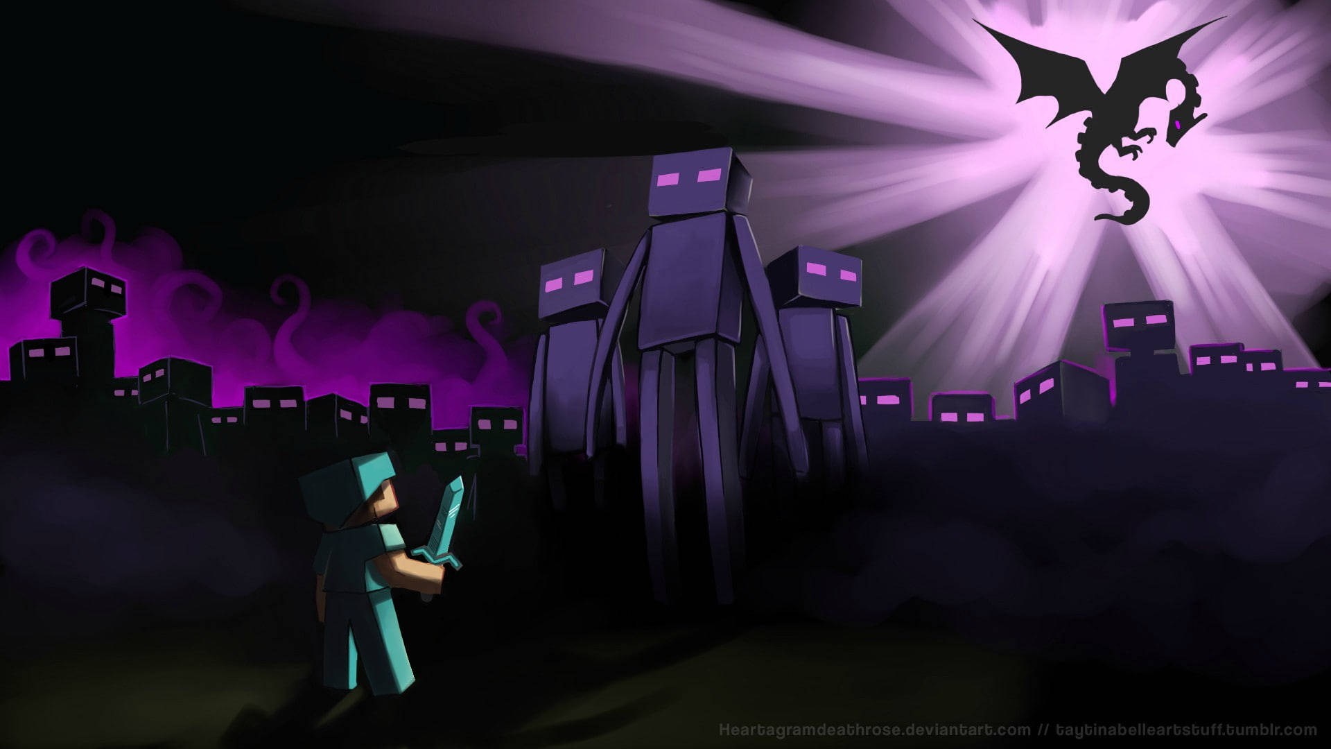 我的世界 終極人 桌布 壁紙 — Minecraft 玩家在發光的紫色天空下，揮劍對抗高聳的紫色終界使者與一條龍。