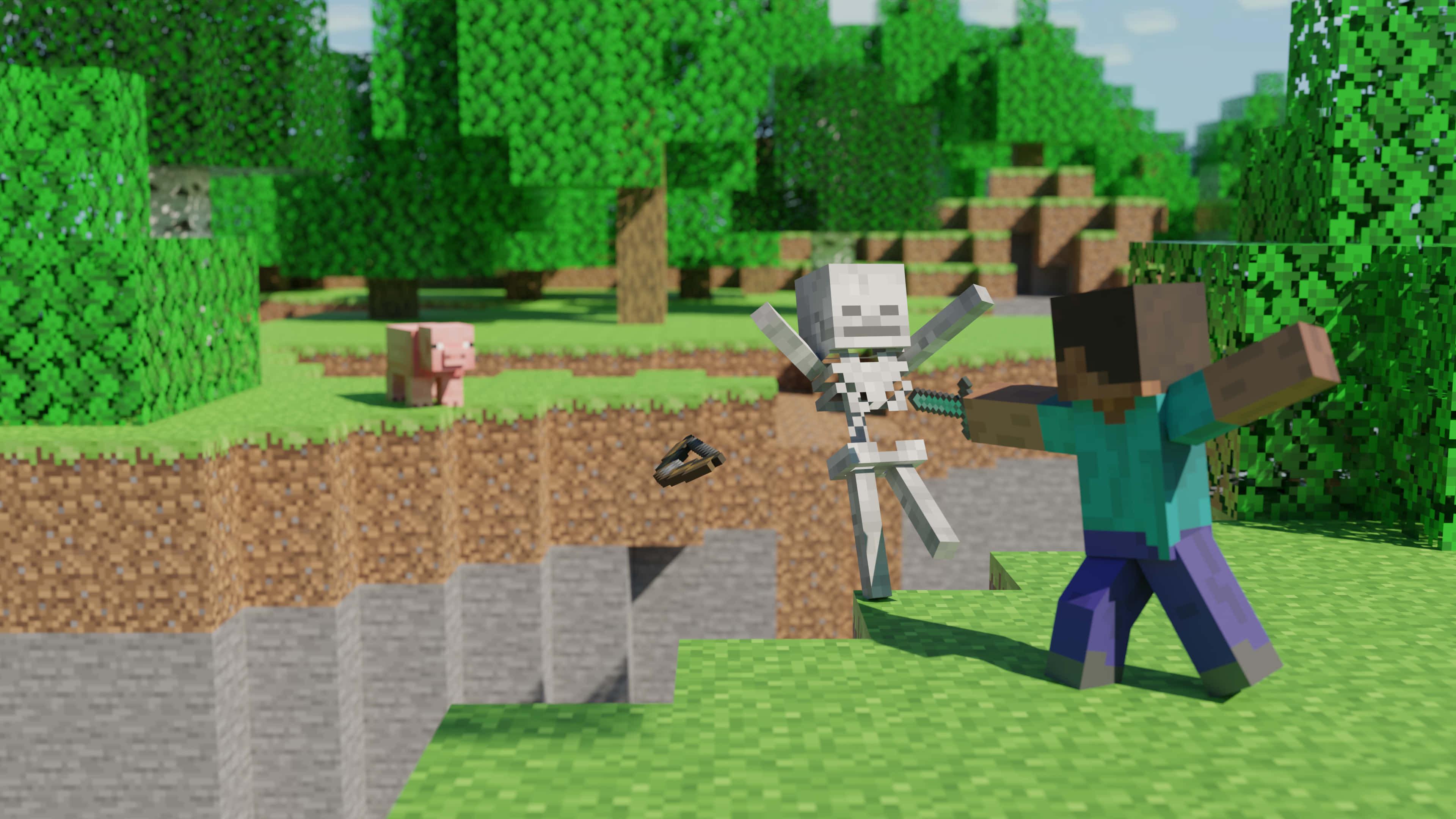 Minecraft Pig 桌布 壁紙 — Minecraft 玩家在茂密的綠色森林中與骷髏戰鬥，附近有一隻豬。