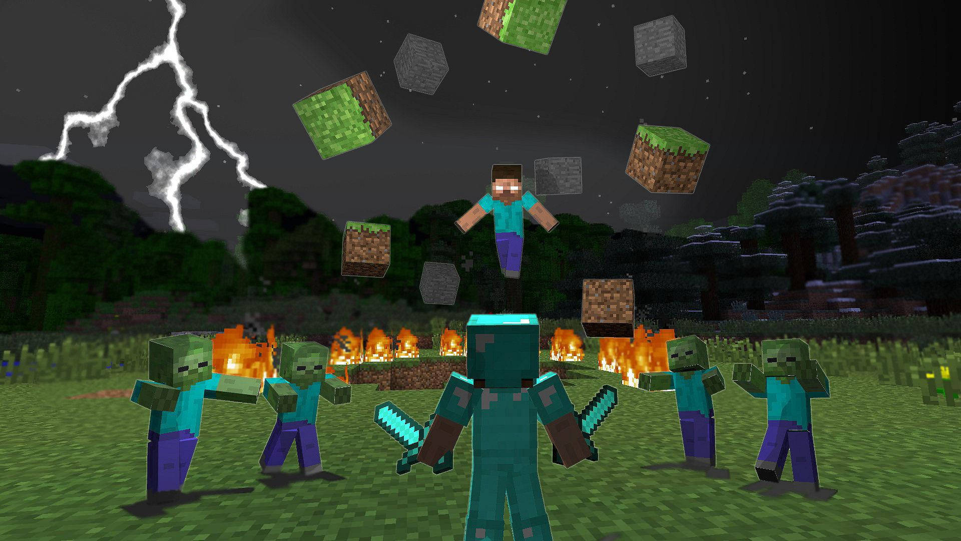 我的世界 史蒂夫 桌布 壁紙 — Minecraft 玩家在落下的方塊之間跳躍，而殭屍在雷暴下圍繞著營火。