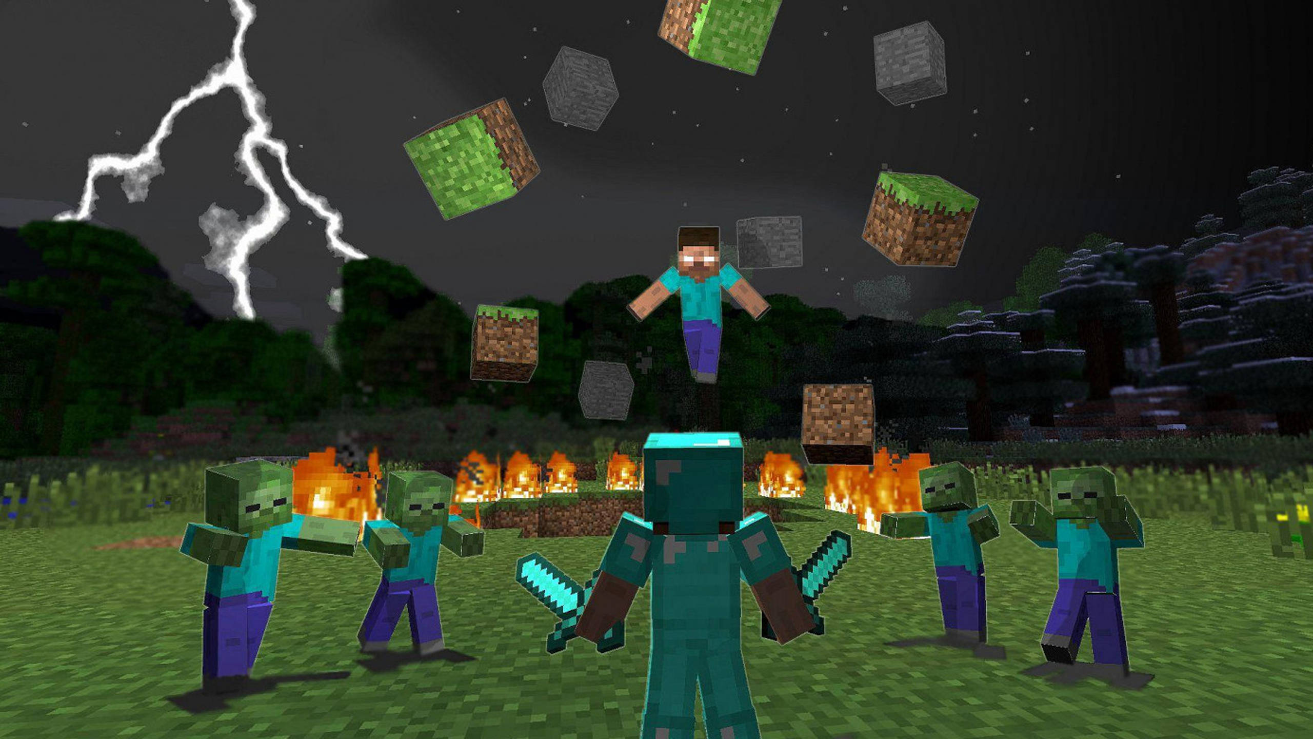 我的世界 史蒂夫 桌布 壁紙 — Minecraft 玩家在落下的方塊之間跳躍，同時被持劍的殭屍包圍，背景是雷電風暴。